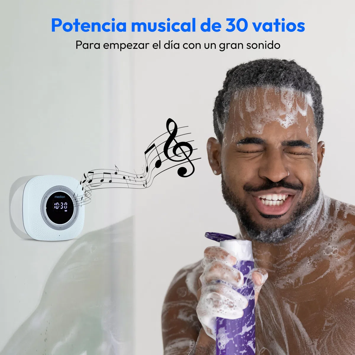 MEDION P66096 Radio de Ducha con Bluetooth (Radio de baño, Radio FM, Ventosa, Pantalla LED, Impermeable IPX6, batería Recargable integrada, MD43884) Azul