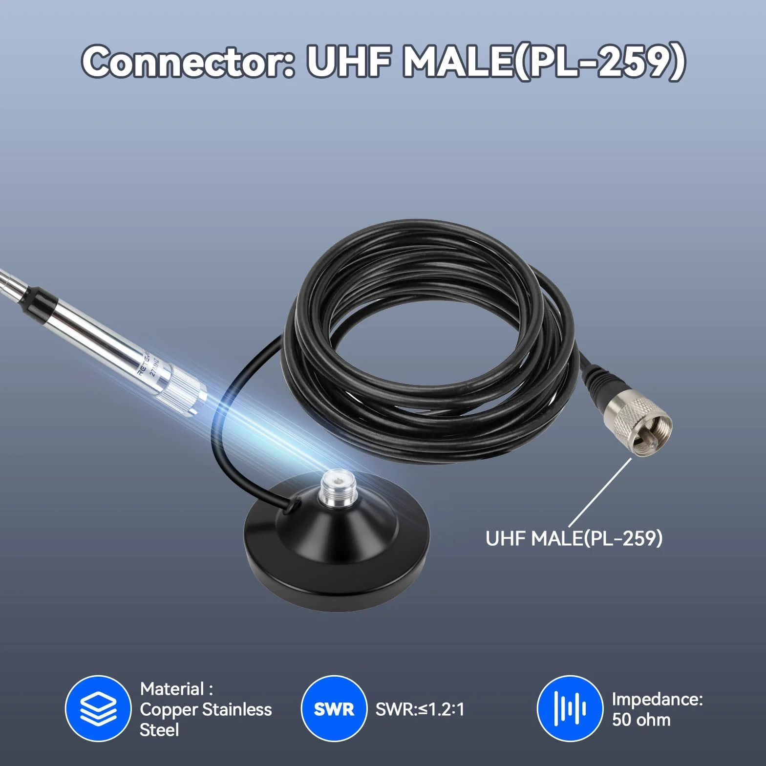 Retevis MR500 CB Antena, Longitud 1,2 m, 50Ω, PL259, Montaje Magnético, Acero Inoxidable, Antena de Radio CB, Cable RG58 de 5 m, Antena CB 27 mhz Coche Compatible con President Randy-III MB62 MB63A