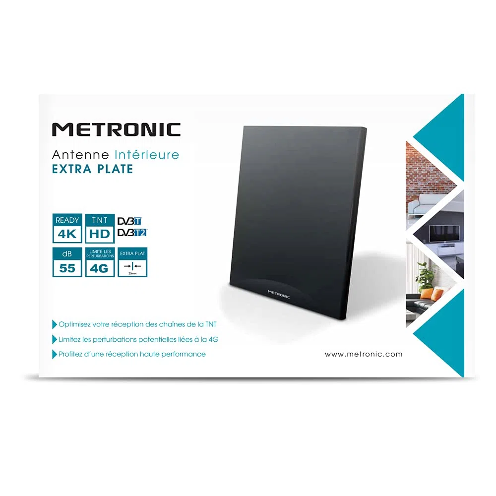 Metronic 416975 - Antena de Interior TV TDT-TDT T2, HD, amplificada, Ganancia 55dB, Extra Plana, 4K, Compatible 4G