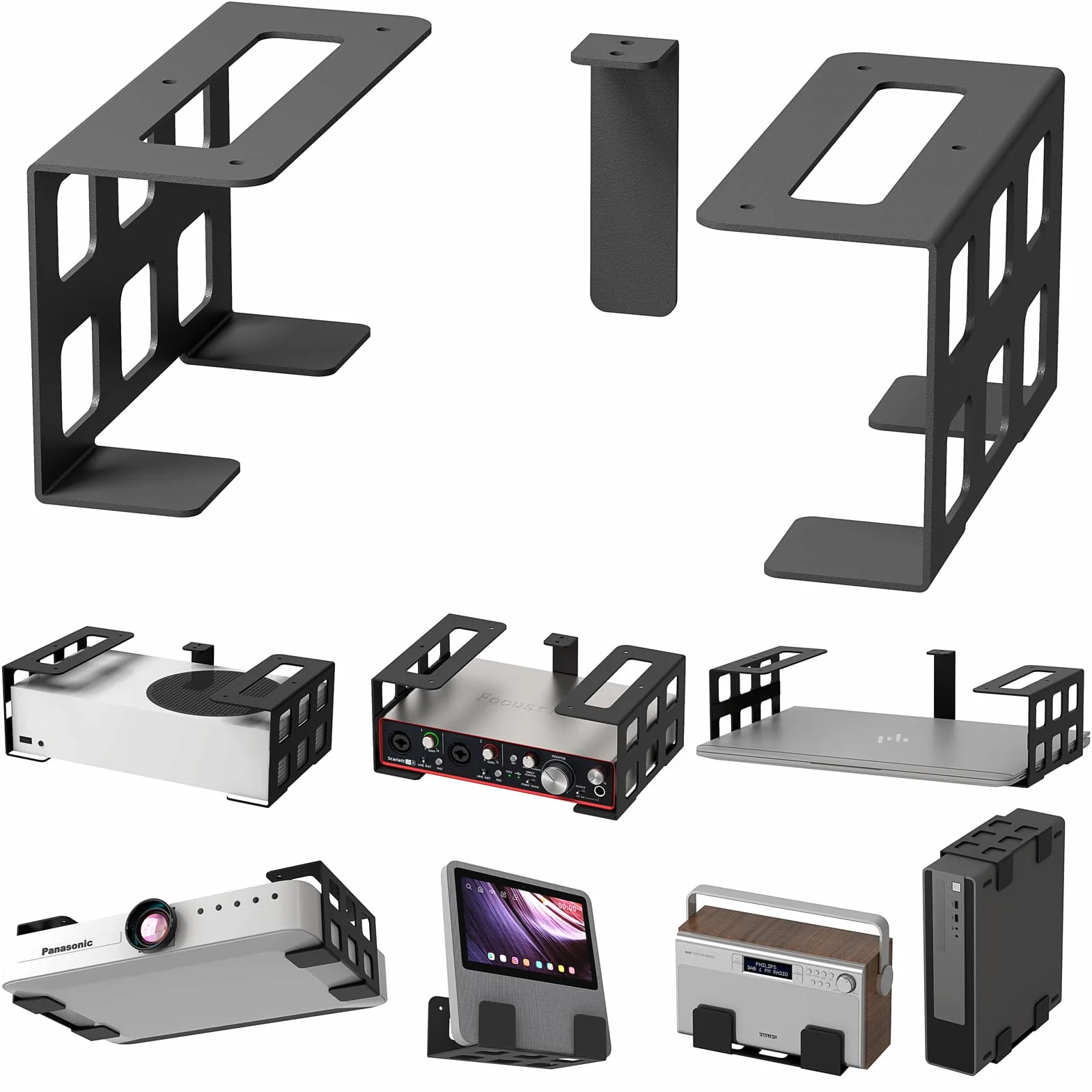 sciuU Soporte Universal para Pared/Techo/Bajo Escritorio – para Dispositivos Espesor < 9cm – Acero Inoxidable – Compatible con Xbox Series S, PS5 Pro, Proyector, Mini PC, TV Box, Router, Laptop