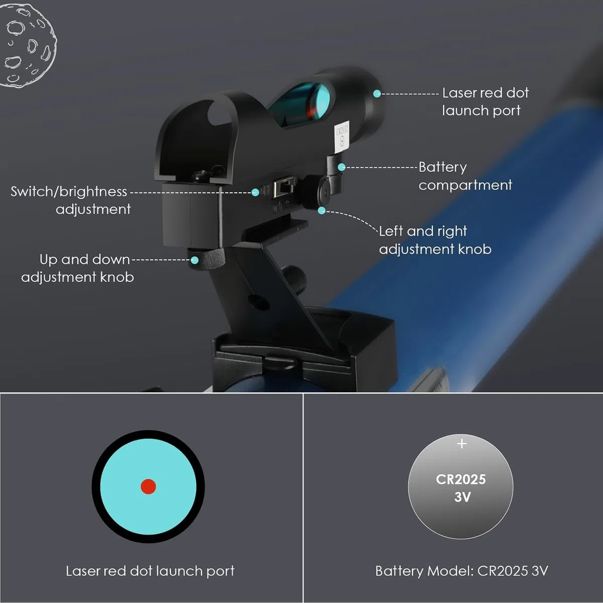 Telescopio Astronómico 50/600 mm, Telescopio Refractor para Niños y Principiantes con Visor de Punto Rojo, Trípode, Adaptador de Teléfono, 2 Oculares H12.5mm y H20mm