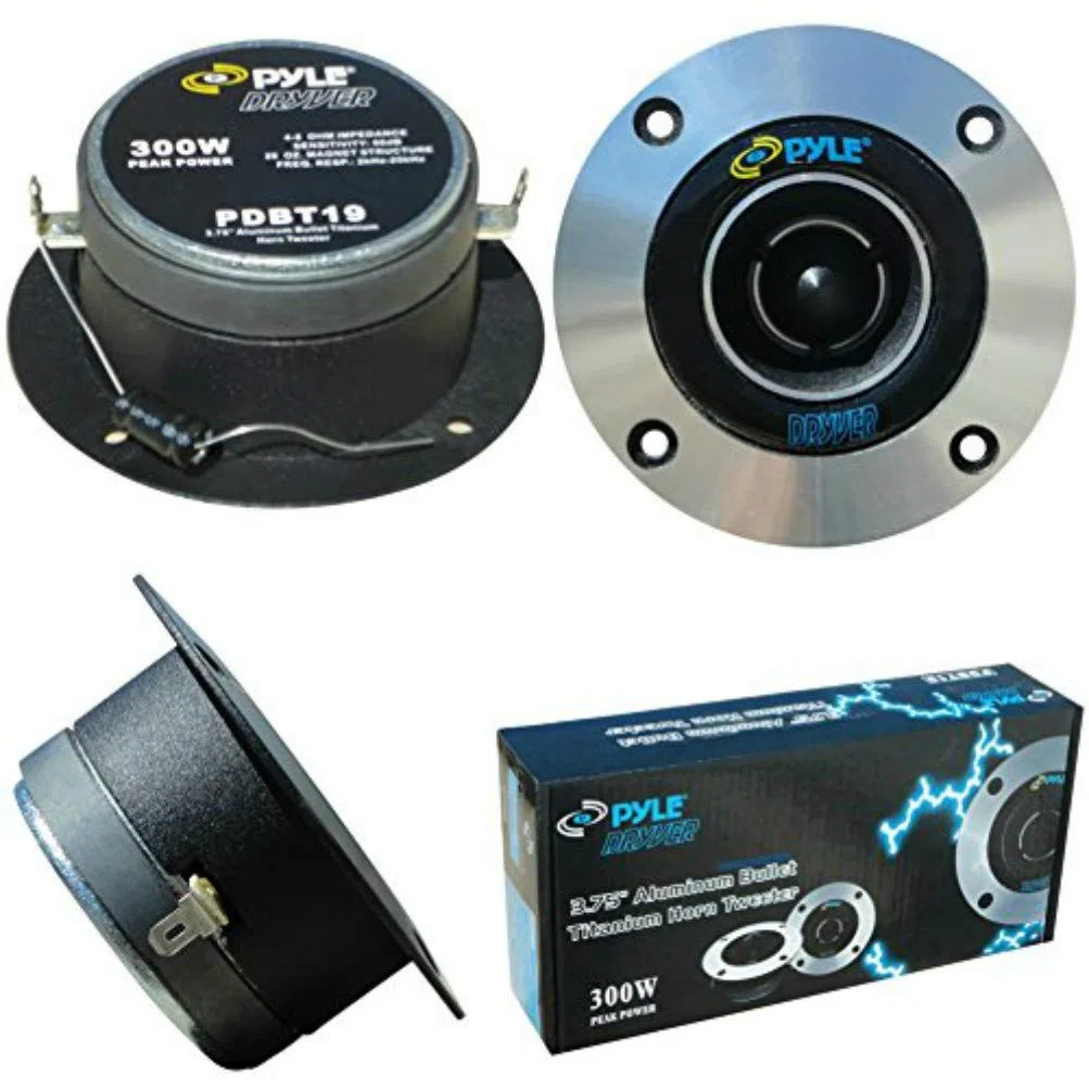 2 Super Tweeter PYLE PDBT19 ultradelgado con 150 vatios rms y 300 vatios máx con 9,80 cm de diámetro y 98 db de sensibilidad con una Profundidad Reducida de Solo 3,90 cm, el par
