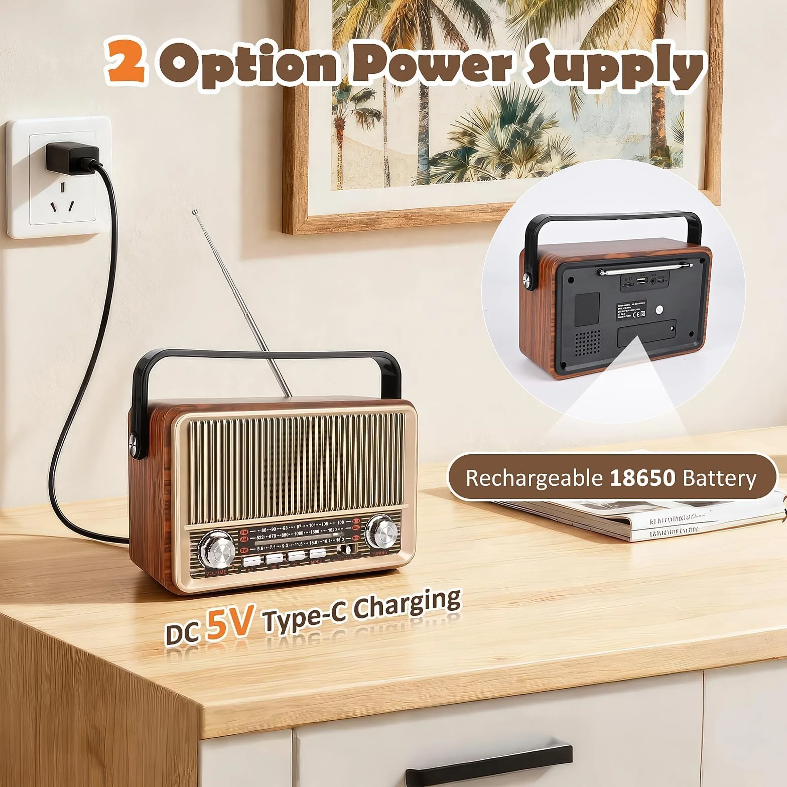 Radio Vintage Portátil Am/FM/SW con Batería Recargable y Funcionamiento a Pilas, Bluetooth, Reproducción USB/TF/AUX, Radio Antigua Vintage para Casa, Jardín y Camping