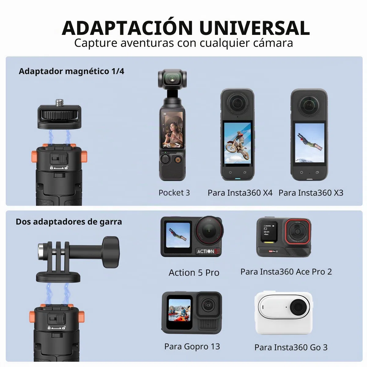 Osmo Pocket 3 - Tripode para cámara de acción Go Pro y DJI Action 5 Pro, soporte extensible de mano con liberación rápida 1/4 pulgadas