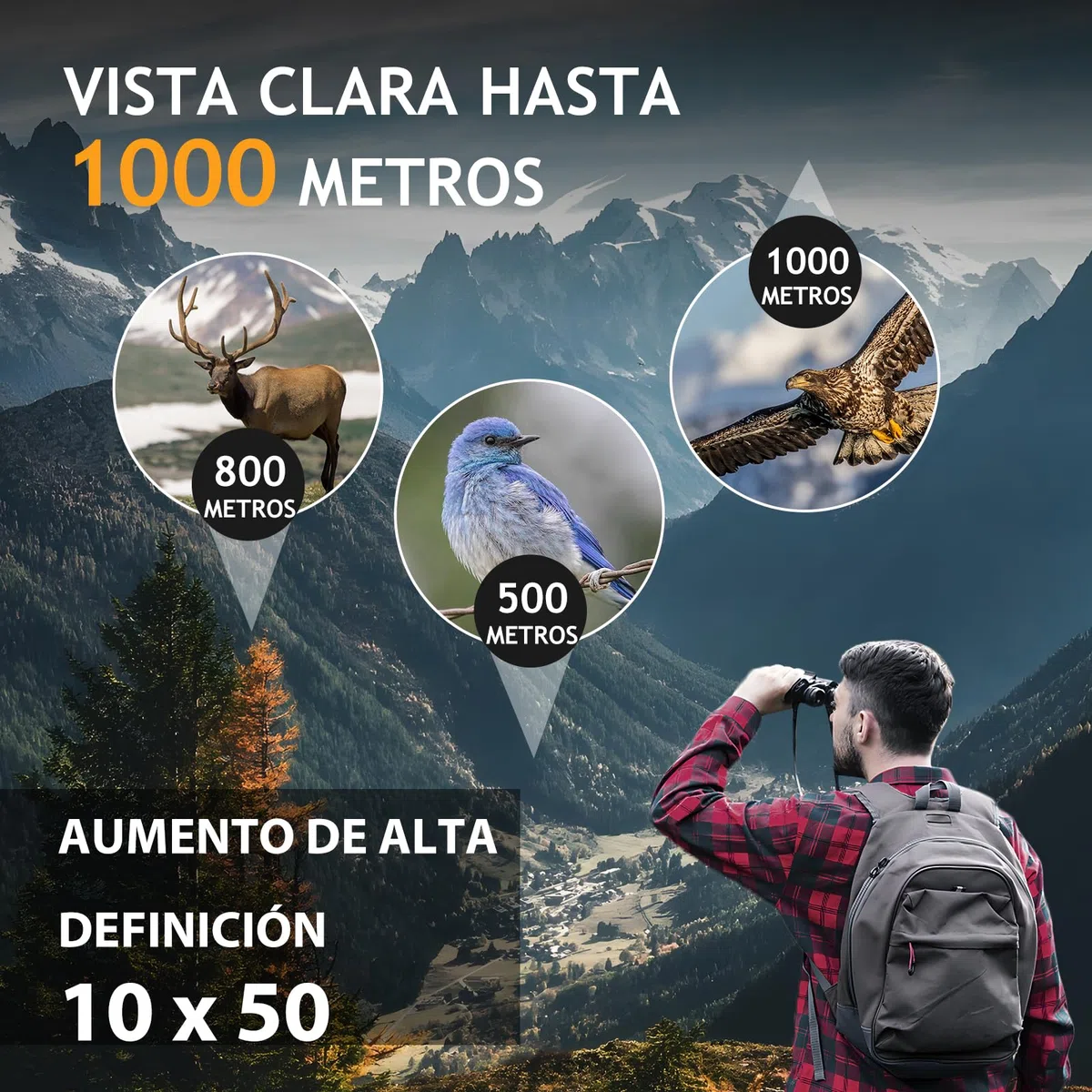 Prismáticos HD 10x50 para adultos, potentes, impermeables y compactos, para observación de aves, caza, viajes, visión con poca luz, agarre antideslizante, aspecto duradero