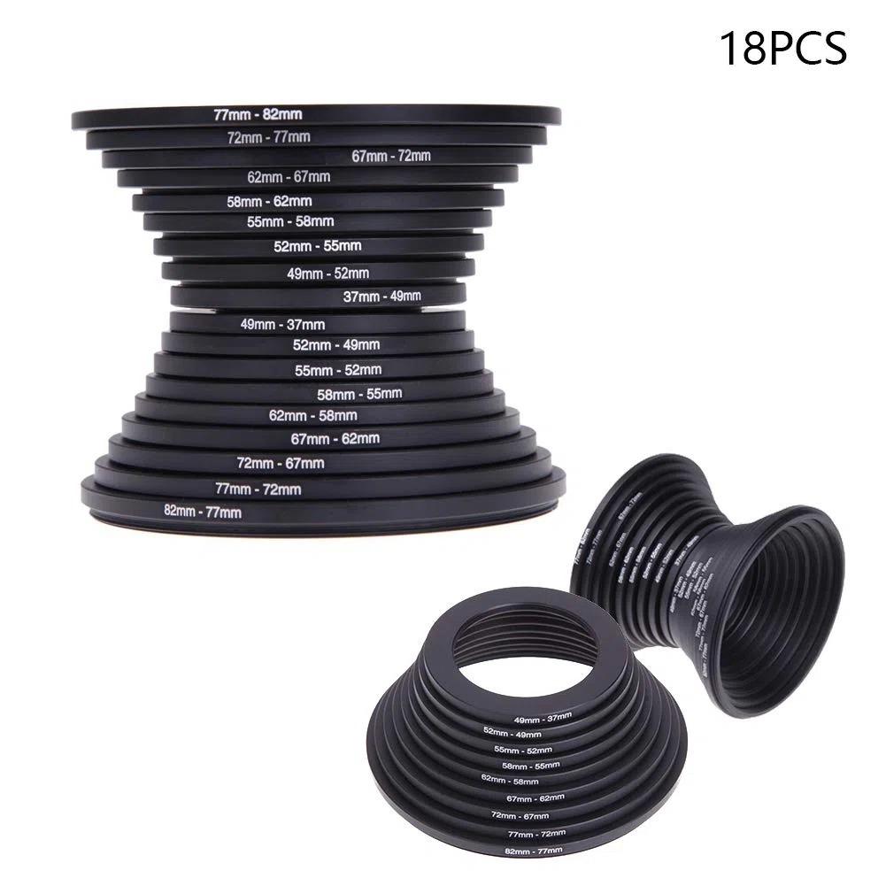 Step Up/Down Lens Filter Ring Adapter Set 37-82 mm, 18 Piezas de Filtro de Objetivo de cámara Metal Stepping Rings Kit Filter Filter Adapter Set Step Up Down Accesorios para Cano-n