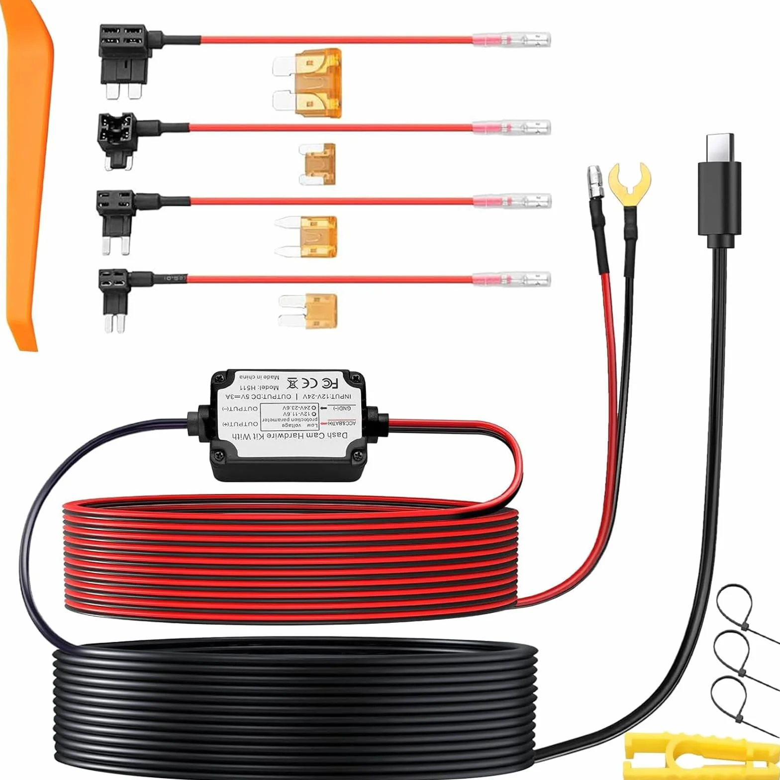 eSynic Dash CAM Hardwire Kit Tipo C Kit de Cableado Duro USB Dashcam 12V-24V a 5V para Cámara de Tablero con Adaptador Mini y Micro USB y 4 Tipos de Fusibles Mini/LP, ACS, ATO, Micro2, etc.