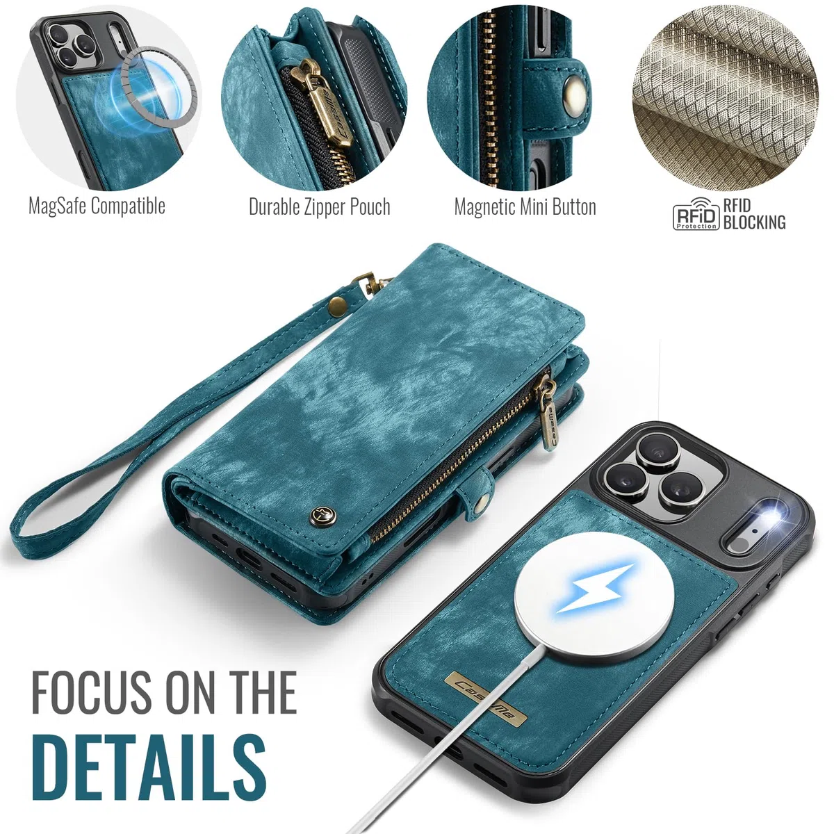 Funda Cartera Magnética Desmontable de Piel para iPhone 17 Pro MAX - Antigolpes y Multifunción con Soporte, Ranuras para Tarjetas, Carga Inalámbrica y Correa Extraíble, Azul