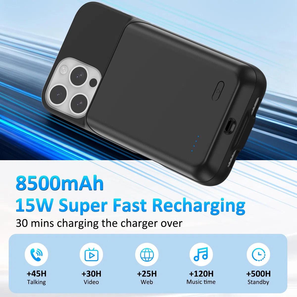 Funda de Batería para iPhone 16 Pro (6.1"), Cargador Portátil de 8500mAh, Funda Ultrafina de Batería Extendida, Cargador de Teléfono y Funda Protectora con Función de Carga para iPhone 16 Pro