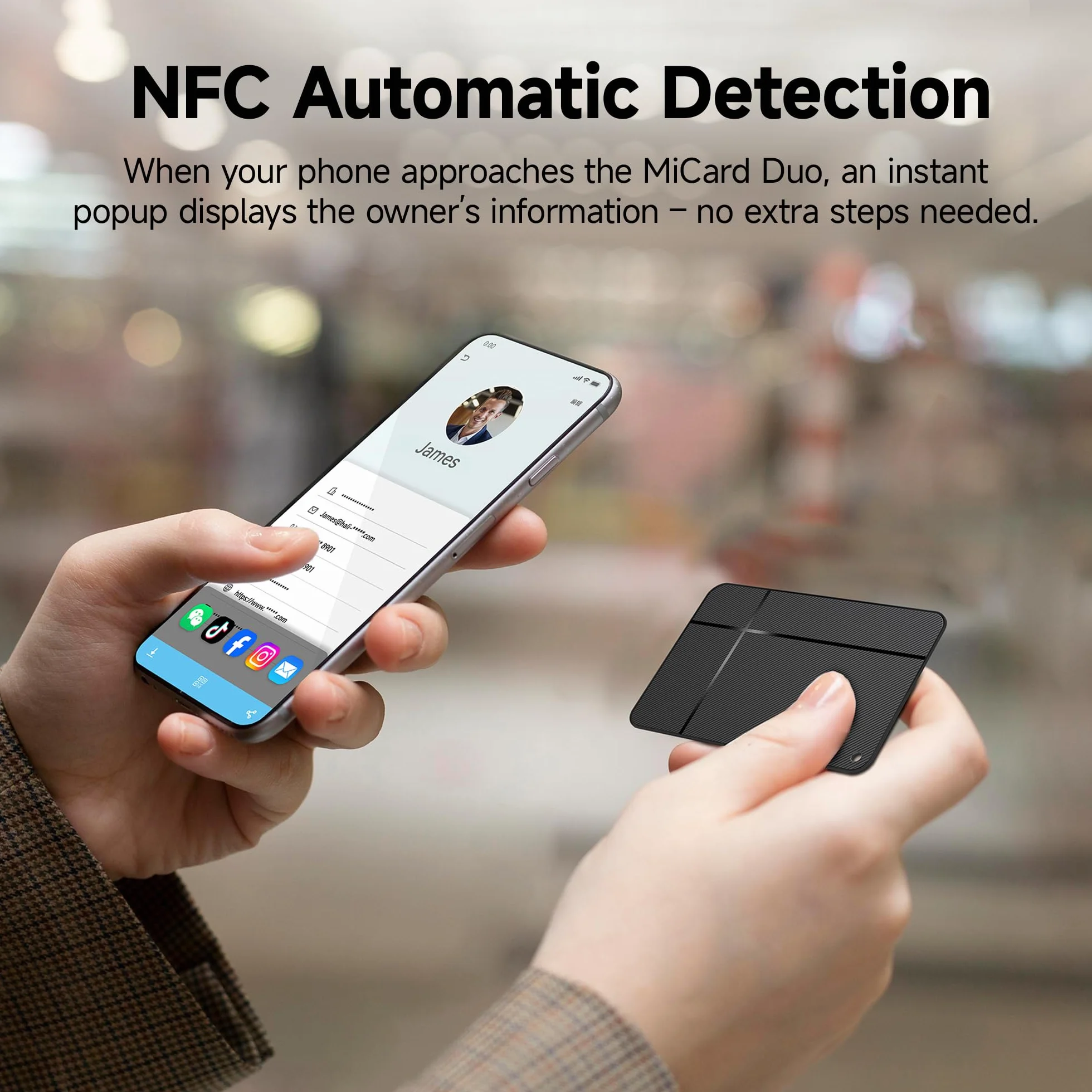 MiLi MiCard Localizador para iOS & Android, Etiqueta de rastreo Inteligente Recargable inalámbricamente con Tarjeta de presentación Digital NFC, para Cartera, Pasaporte, Maleta