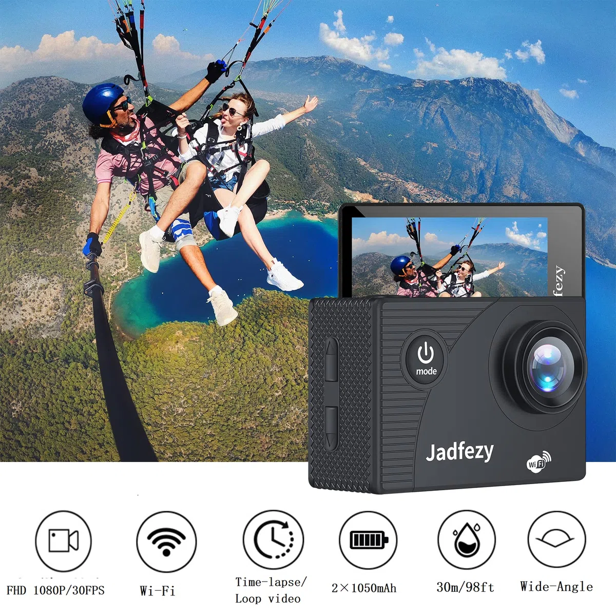 Cámara de acción WiFi HD 1080P, cámara de acción de 12 MP con mando a distancia, cámara subacuática resistente al agua hasta 30 m/98 pies con 2 pilas de 1050 mAh y kit de accesorios para casco