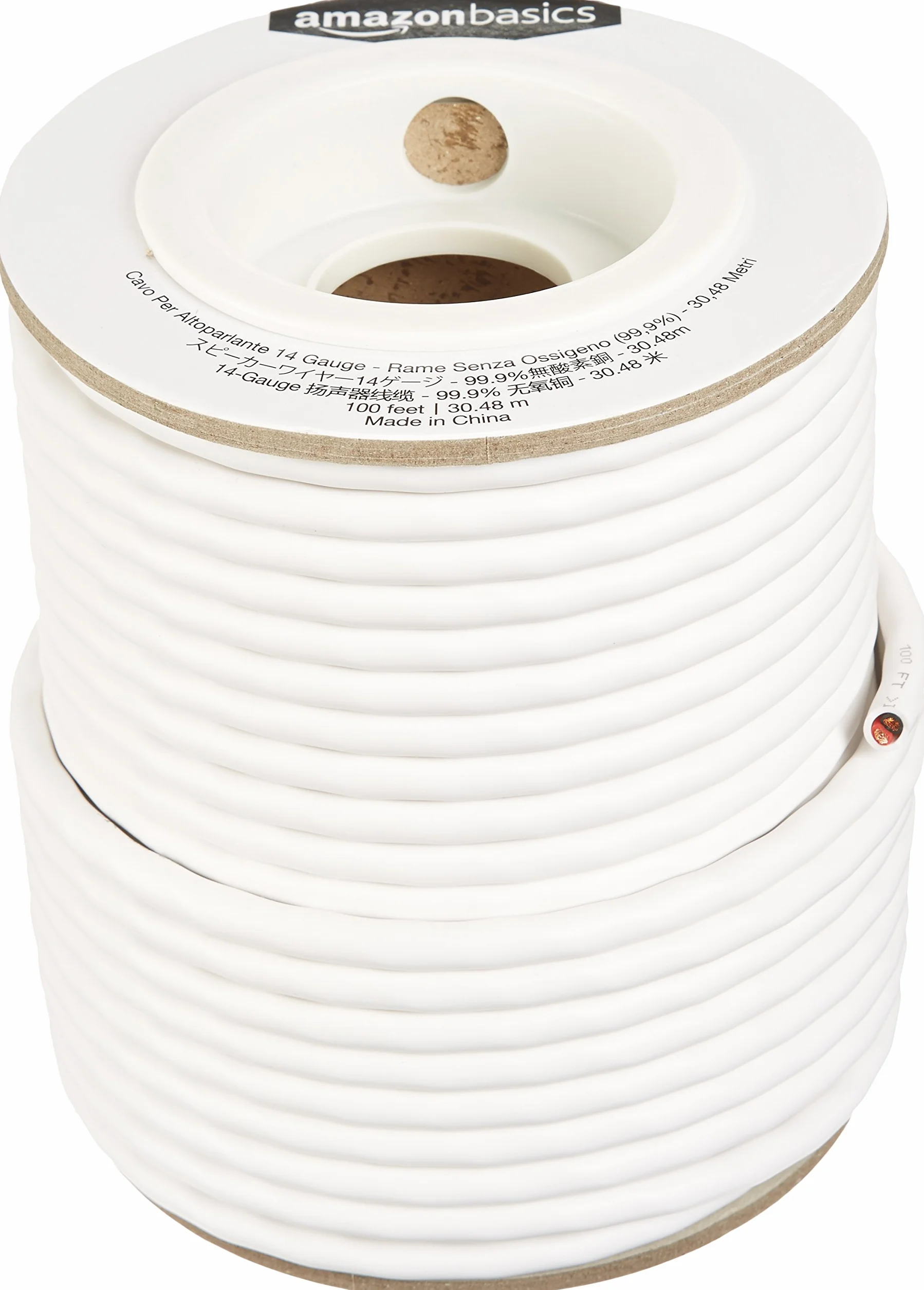 Amazon Basics Cable para altavoz, calibre 14, cobre libre de oxígeno al 99,9 %, 30,5 m, Blanco