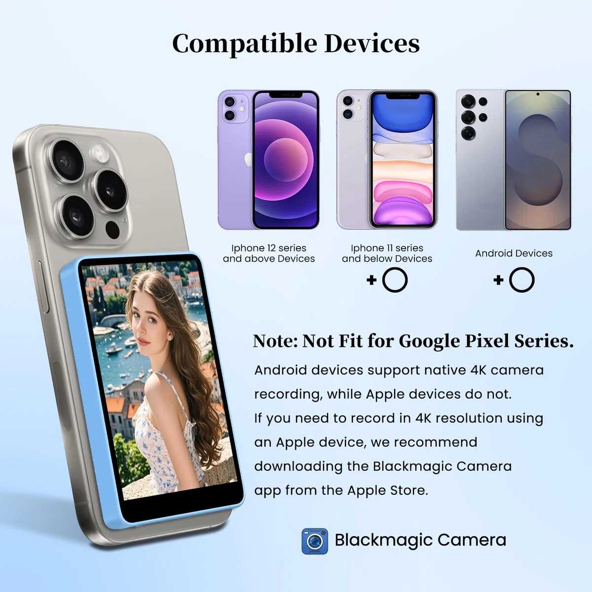 Teléfono Vlog Selfie Monitor Pantalla, 3 Niveles de Brillo,Grabación con Cable 4K 60fps,Control Remoto Bluetooth,Magnetic Phone Vlog Selfie Monitor Screen para LiveStream TikTok (Azul)