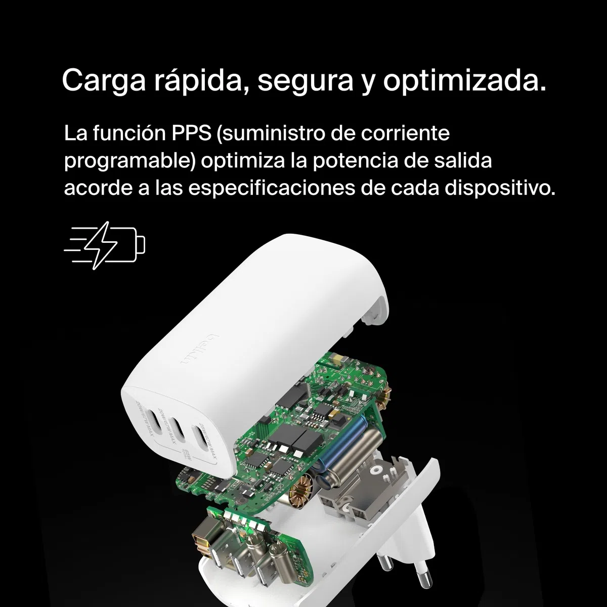 Belkin Cargador de Pared con 3 Puertos USB-C y PPS a 67 W BoostcCharge Pro, Carga rápida USB-C PD 3.1 para la Serie iPhone 16, 15, MacBook Pro, AirPods, Galaxy y Otros con Power Delivery, Blanco