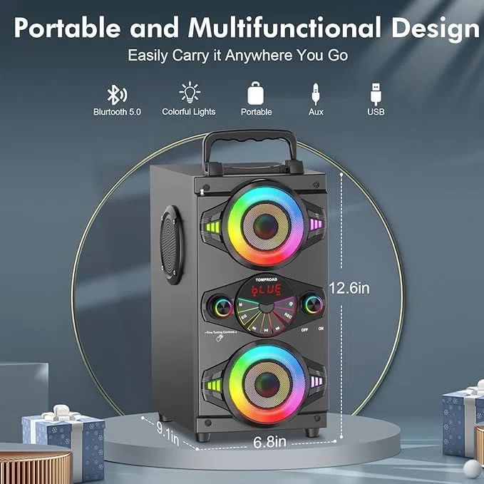 Altavoces Bluetooth portátiles de 60 W, gran potencia, inalámbricos, sonido estéreo de graves potentes, Boombox para fiestas en casa, altavoz con subwoofer, radio FM y luces LED de colores. (Negro)