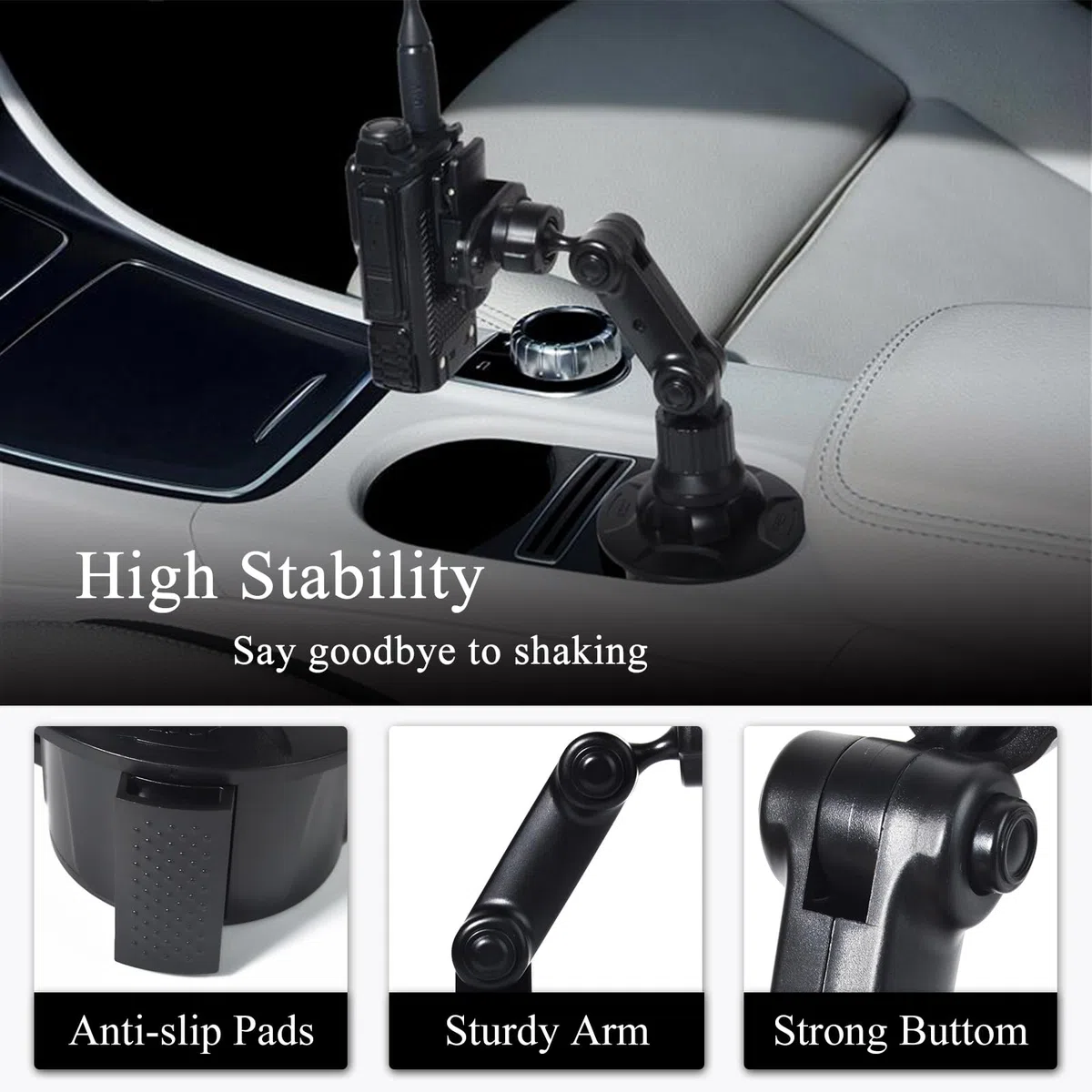Soporte para Walkie-Talkie para Porta-Vasos de Coche, Porte-Radio/Micrófono Altavoz con Brazo de Soporte de Ángulo Ajustable, Compatible con Motorola Kenwood Wouxon BaoFeng Quansheng Midland