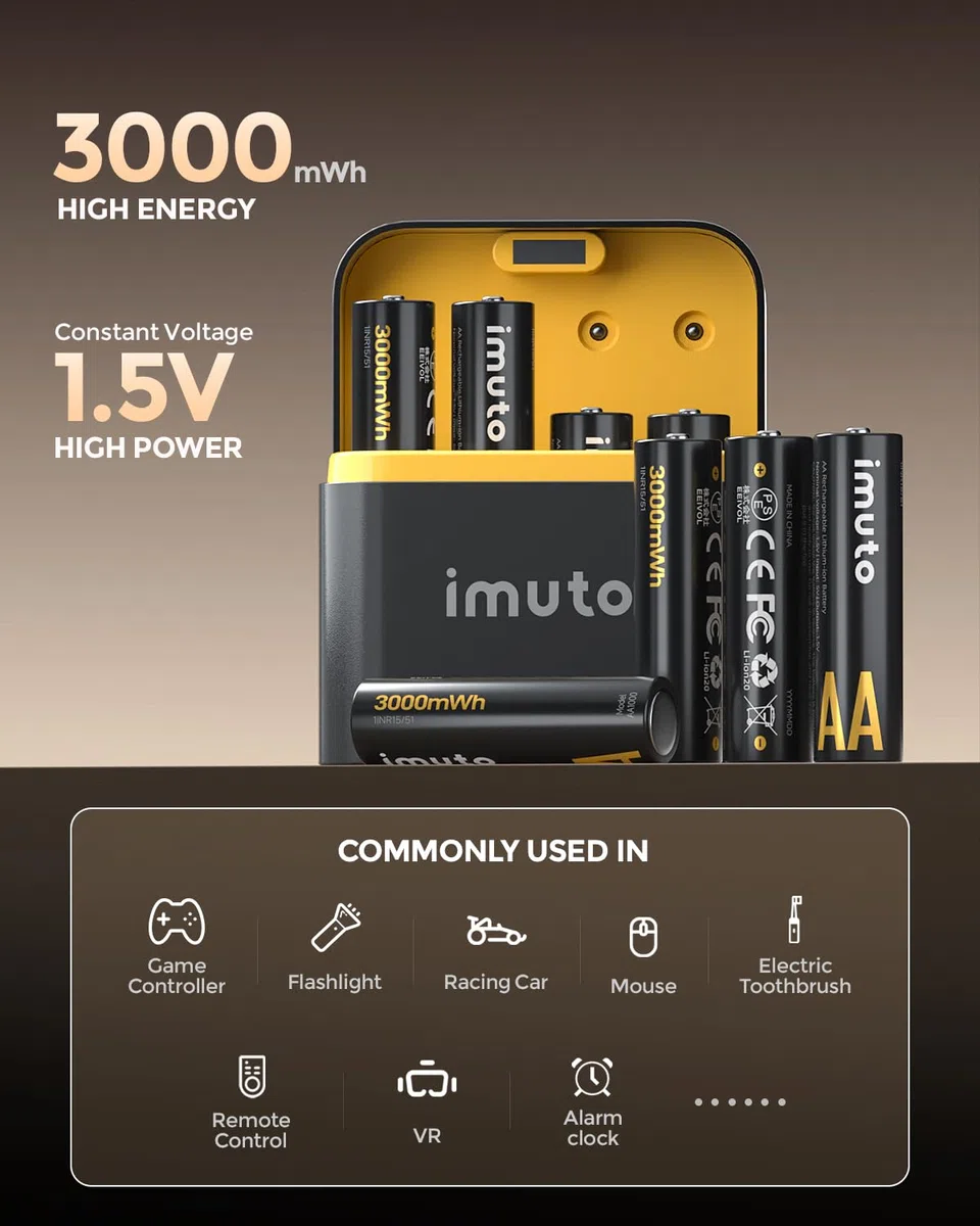 imuto Pilas Recargables AA 1,5 V 3000mWh Batería de Litio Alta Capacidad más de 1600 ciclos con Carga rápida Negra Cargador de Pantalla LED