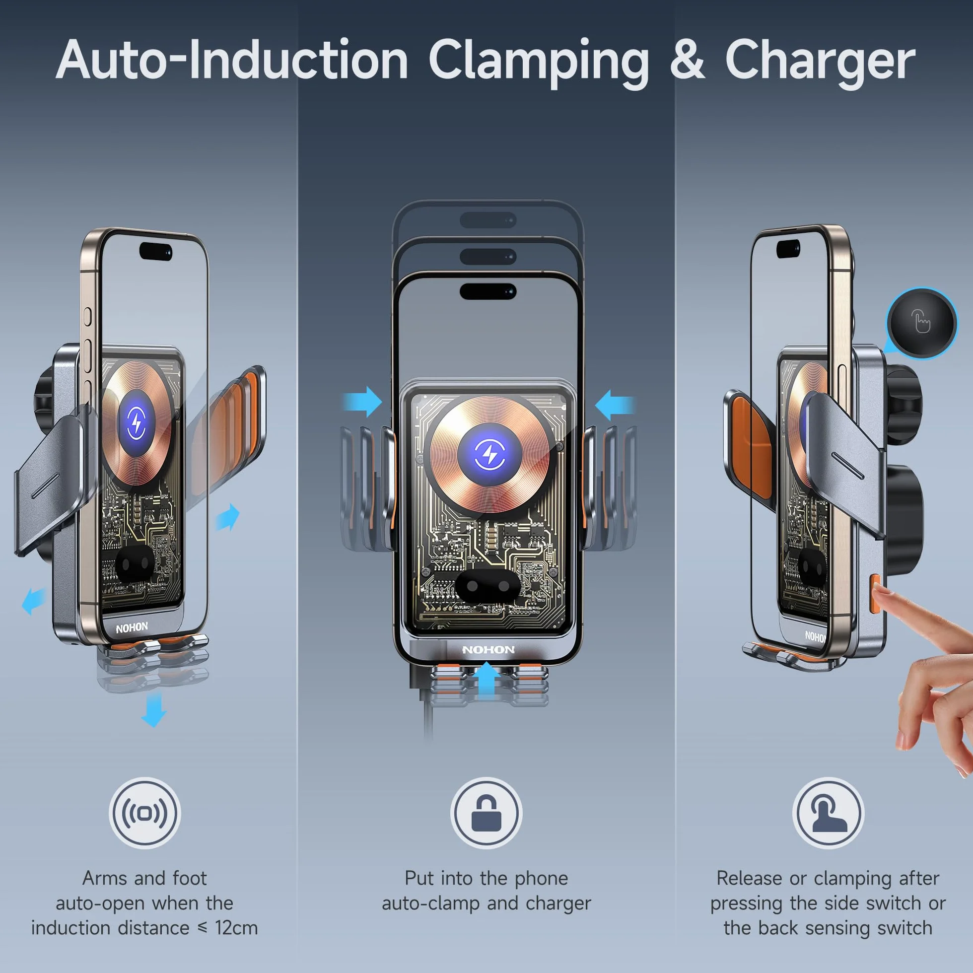 NOHON Qi Cargador Inalambrico Coche：15W Soporte Movil Coche Cargador Sujeción Automático, Soporte Cargador Movil Coche Carga Rápida con Ventosa/Clip de Ventilación para iPhone/Samsung/Xiaomi/OPPO