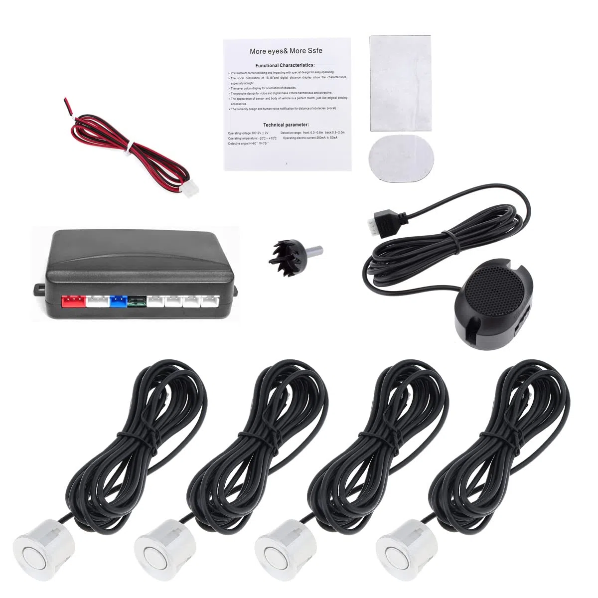 Sistema de sensor de aparcamiento de 4 sensores con alarma audible y resistente al agua, asistente de coche trasero (plateado)