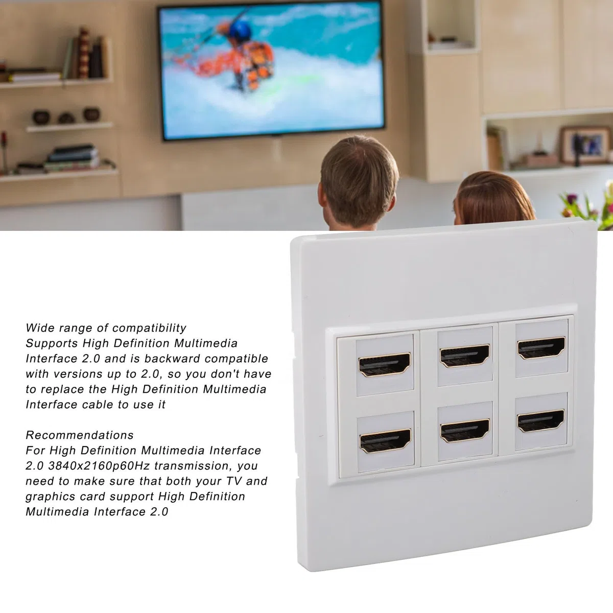 Placa de Pared HDMI, Panel de Pared Keystone HDMI 2.0 4K 60HZ de 6 Puertos, Compatible con 32 Canales de Sonido, Frecuencia de Muestreo de 1536kHz