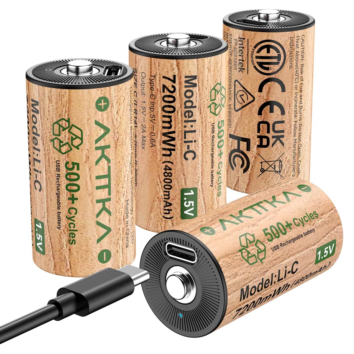 Pack de 4 Pilas C Recargables, LR14 /AM2, 1,5 V de Litio, 7200 mWh, 500+ Ciclos de Recarga, Cable USB-C Incluido, Baja Autodescarga, para Linterna, Camping, Iluminación de Emergencia, Radio y Juguetes