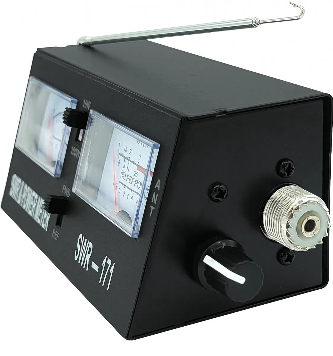 SWR-171 Medidor Roe y Vatímetro VHF y CB para Radioaficionados | Rango de frecuencia de 1,5 a 150 MHz (CB y VHF) con escalas de potencia seleccionables de 10W y 100W.