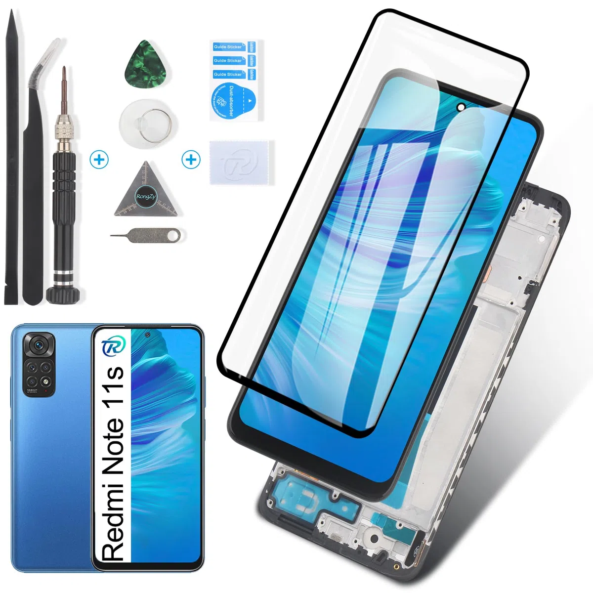 RongZy para Xiaomi Redmi Note 11S 2201117SG 2201117SI LCD+Pantalla Táctil Digitalizador Asamblea Reemplazo +Reparación Herramientas(Negro con Marco)