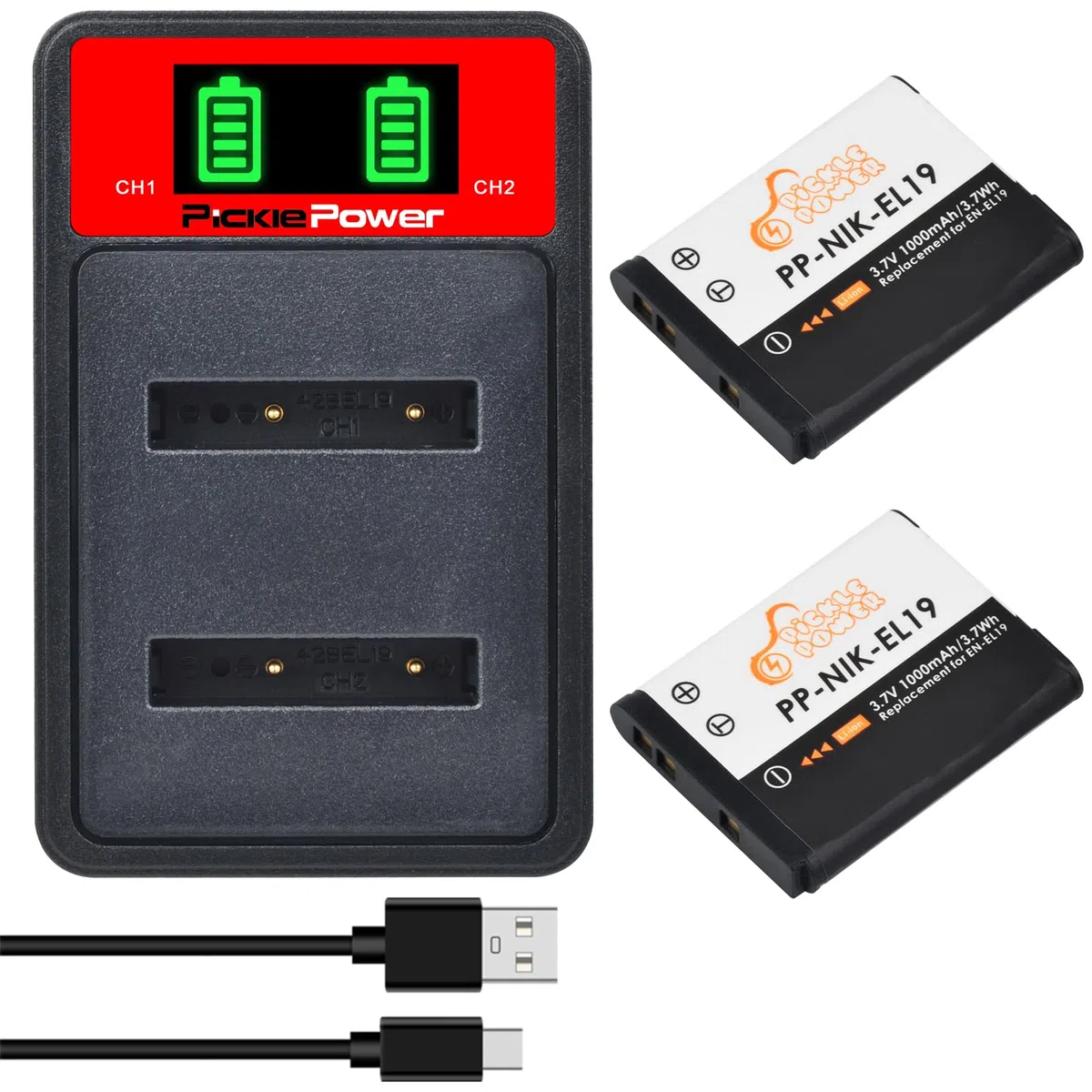 Pickle Power 2X EN-EL19 Batería & LED Doble Cargador para Coolpix S32 S33 S100 S2500 S2800 S3100 S3200 S3500 S3600 S4100 S5200 S6500 S6600 S6800 S6900