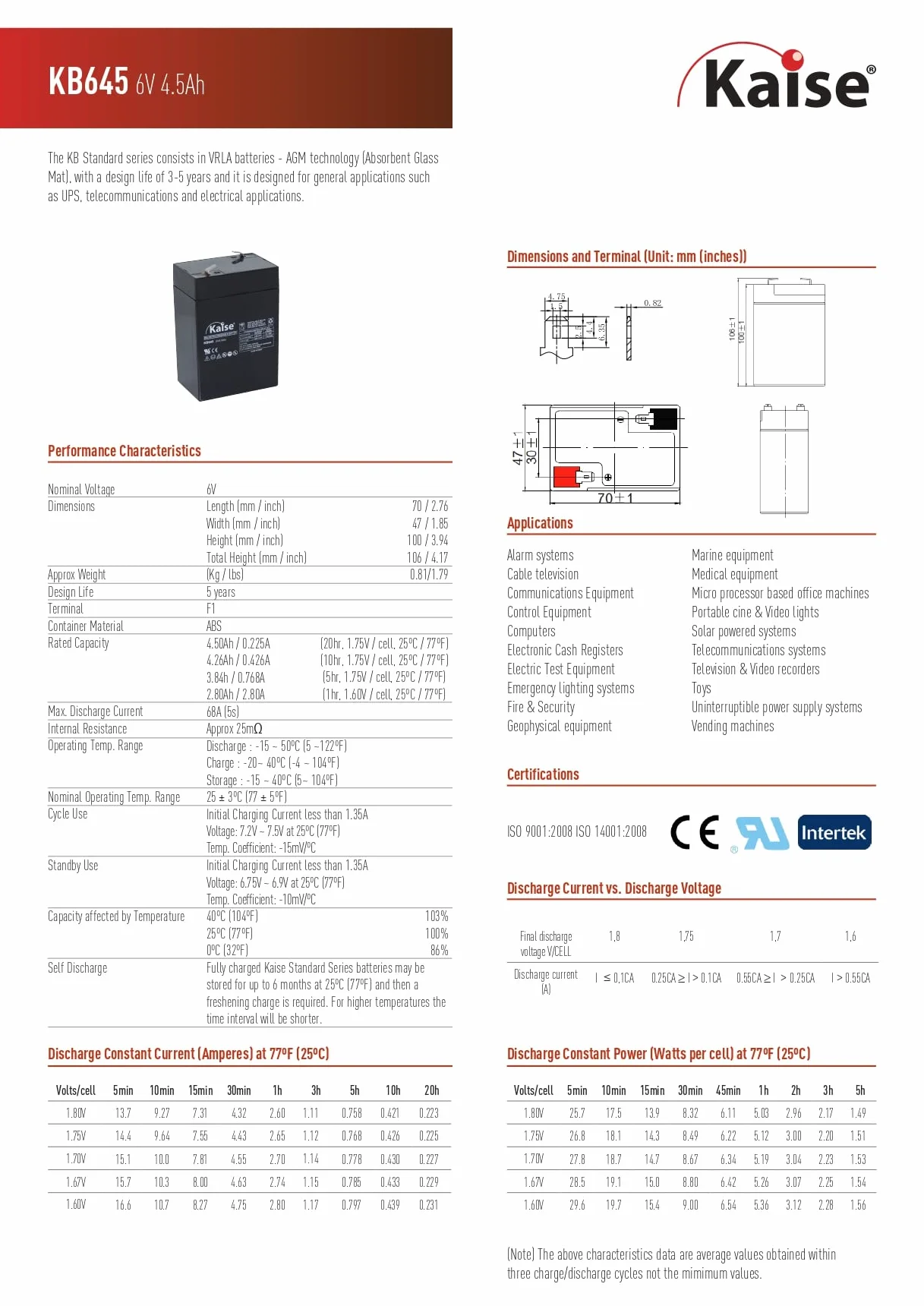 Kaise Batería de Plomo AGM VRLA 6V- 4,5Ah / Modelo KB645 F1 / 2 Unidades