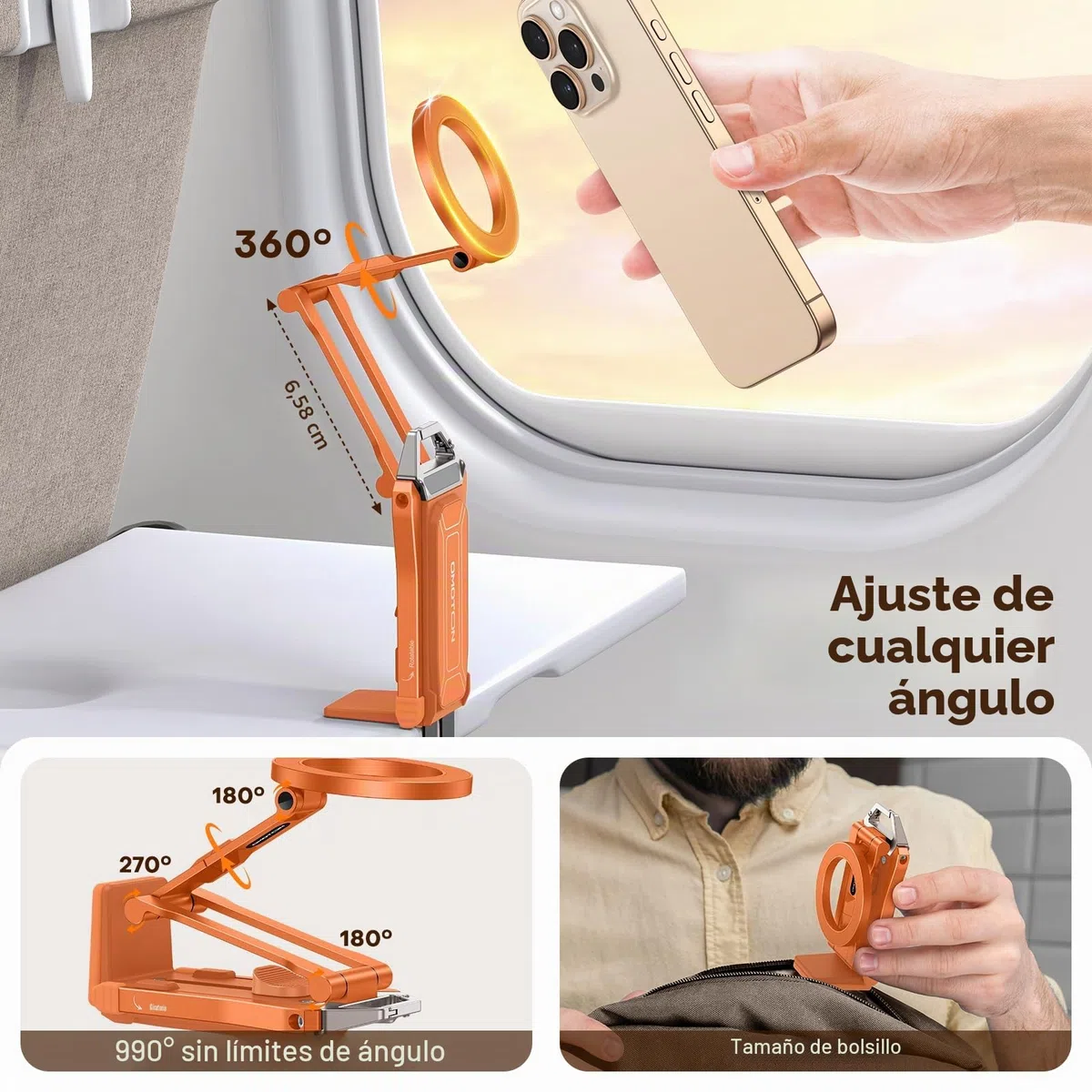 OMOTON TP02 Aluminio Trípode Magnético para Teléfono, Rotación 360° para Trípode con MagSafe, Soporte Ajustable 4 en 1 para iPhone 17/16/15/14 Pro MAX Air, Ideal para Gimnasio, Vlogs y Viaje, Naranja