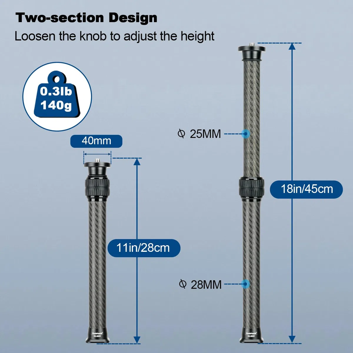 Koolehaoda Extensión Telescópica de Fibra de Carbono de 2 Secciones para Trípode/Monopié con Montura Arca-Swiss para Trípodes, Rótulas, Estabilizadores y Cámaras, Carga Máxima de 15 kg(KQ-2802C)