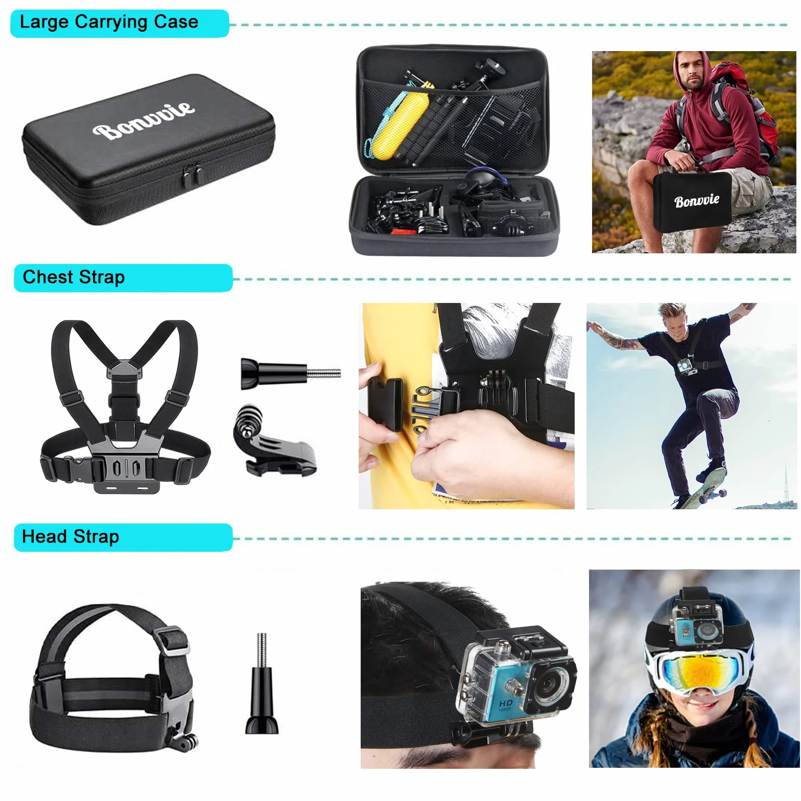 Kit de Accesorios para Cámara de Acción, Bonvvie 50-en-1 Kit de Accesorios para Cámara Deportiva Hero 13 12 11 10 9 8 Black, MAX/Fusion, Insta360, dji Osmo Action, Campark, SJCAM, REMALI