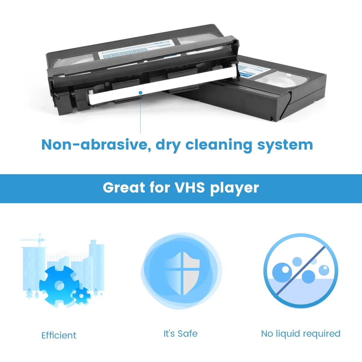 Reshow VHS Limpiador de cabezal de video para reproductores VHS/VCR, tecnología seca, no requiere líquido, reutilizable 30 veces, DRY 2