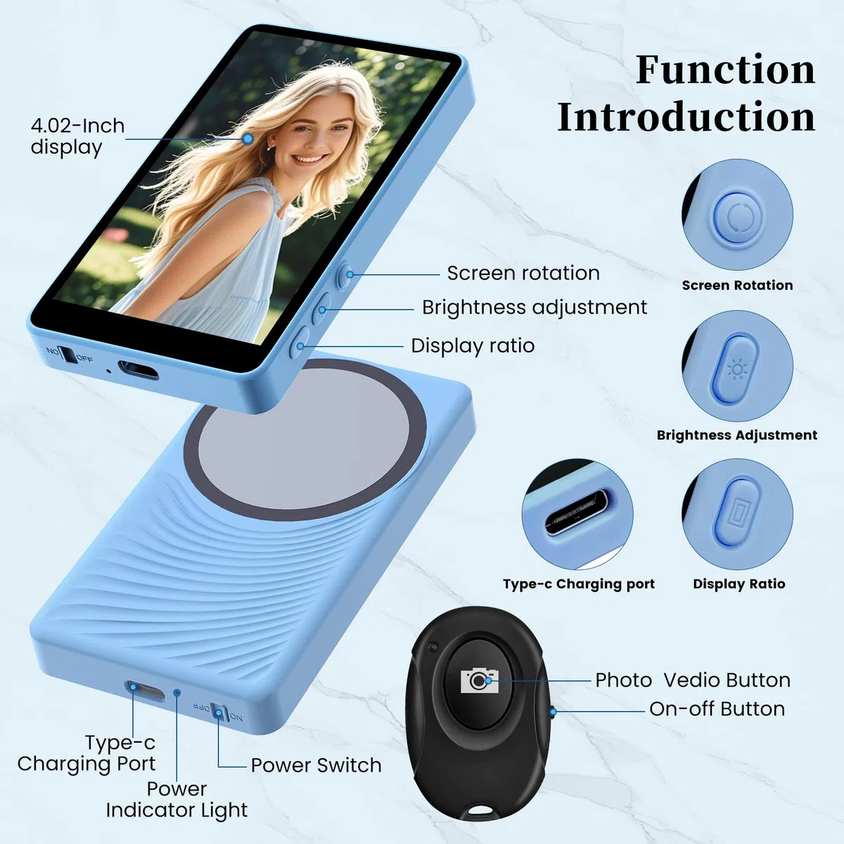 Teléfono Vlog Selfie Monitor Pantalla, 3 Niveles de Brillo,Grabación con Cable 4K 60fps,Control Remoto Bluetooth,Magnetic Phone Vlog Selfie Monitor Screen para LiveStream TikTok (Azul)