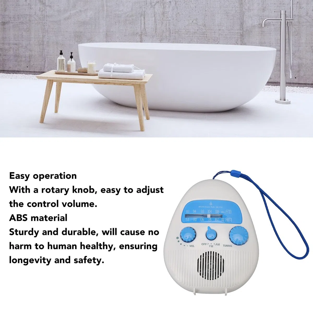 Radio de Ducha Portátil Am/FM, Colgante Impermeable Con Volumen Ajustable, Para Baño, Cocina y Exterior - Funciona Con Pilas