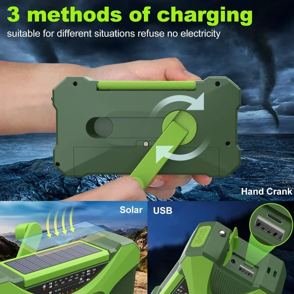 TsoLay Radio de Emergencia de 10000MAh, Radio de Manivela Solar, Portátil con Cargador de Teléfono, Linterna LED Verde