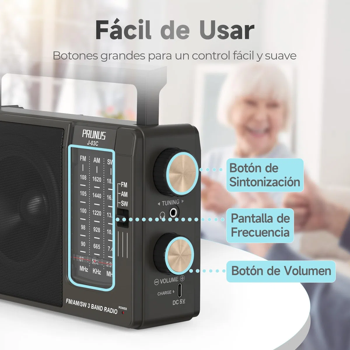 PRUNUS J-03C AM FM SW Radio Portatil Pequeña, Transistores Radios con Excelente Señal, Radio a Pilas o Batería Recargable (USBC), Altavoz Grande, Operación Simple, Fácil de Usar para Personas Mayores.