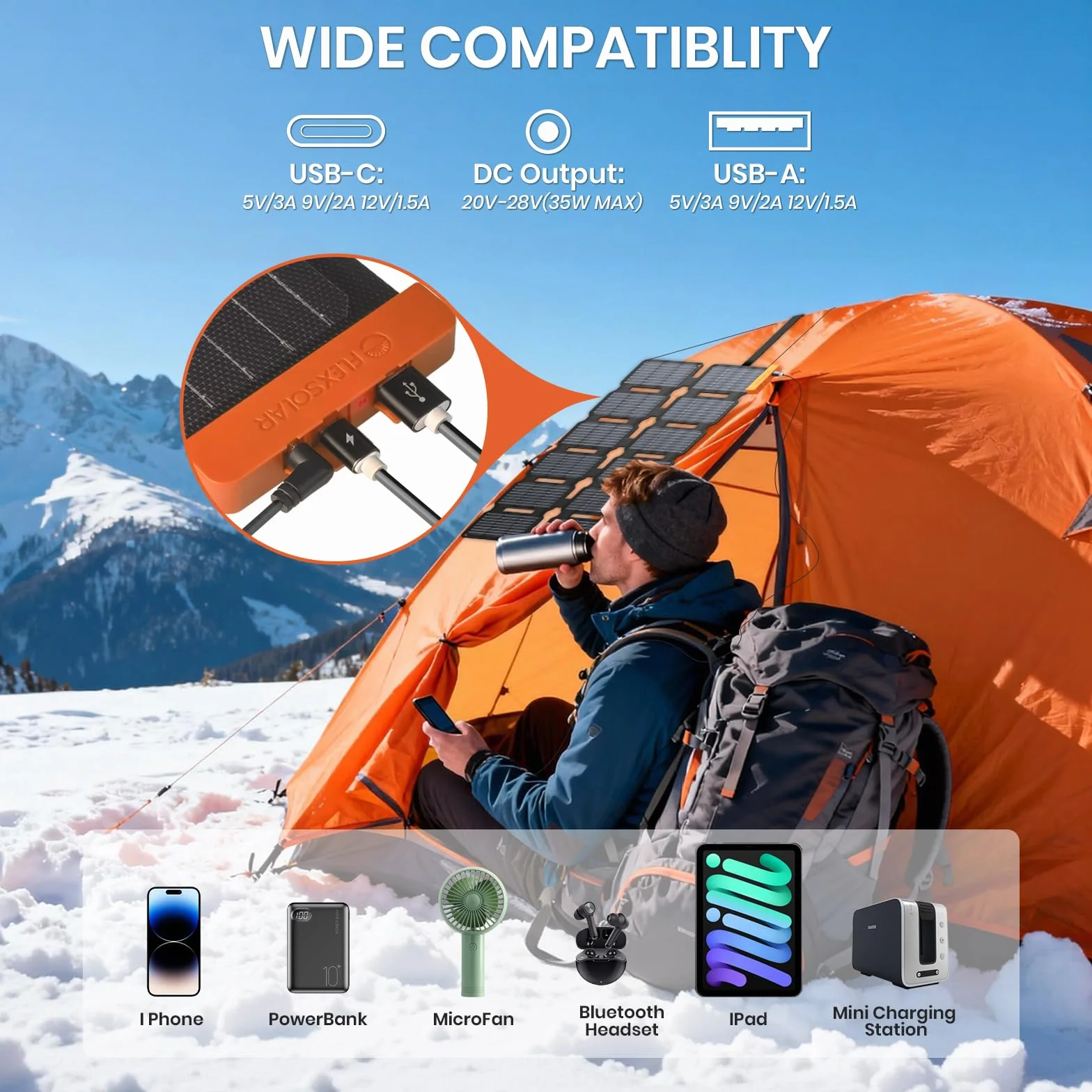 Flexsolar Mini Cargador Solar Plegable 36 W - Panel Solar Resistente al Agua - Con Puertos USB-A/USB-C/CC - Para Estaciones de Alimentación, Smartphones, Tabletas, Bancos de Energía, Camping