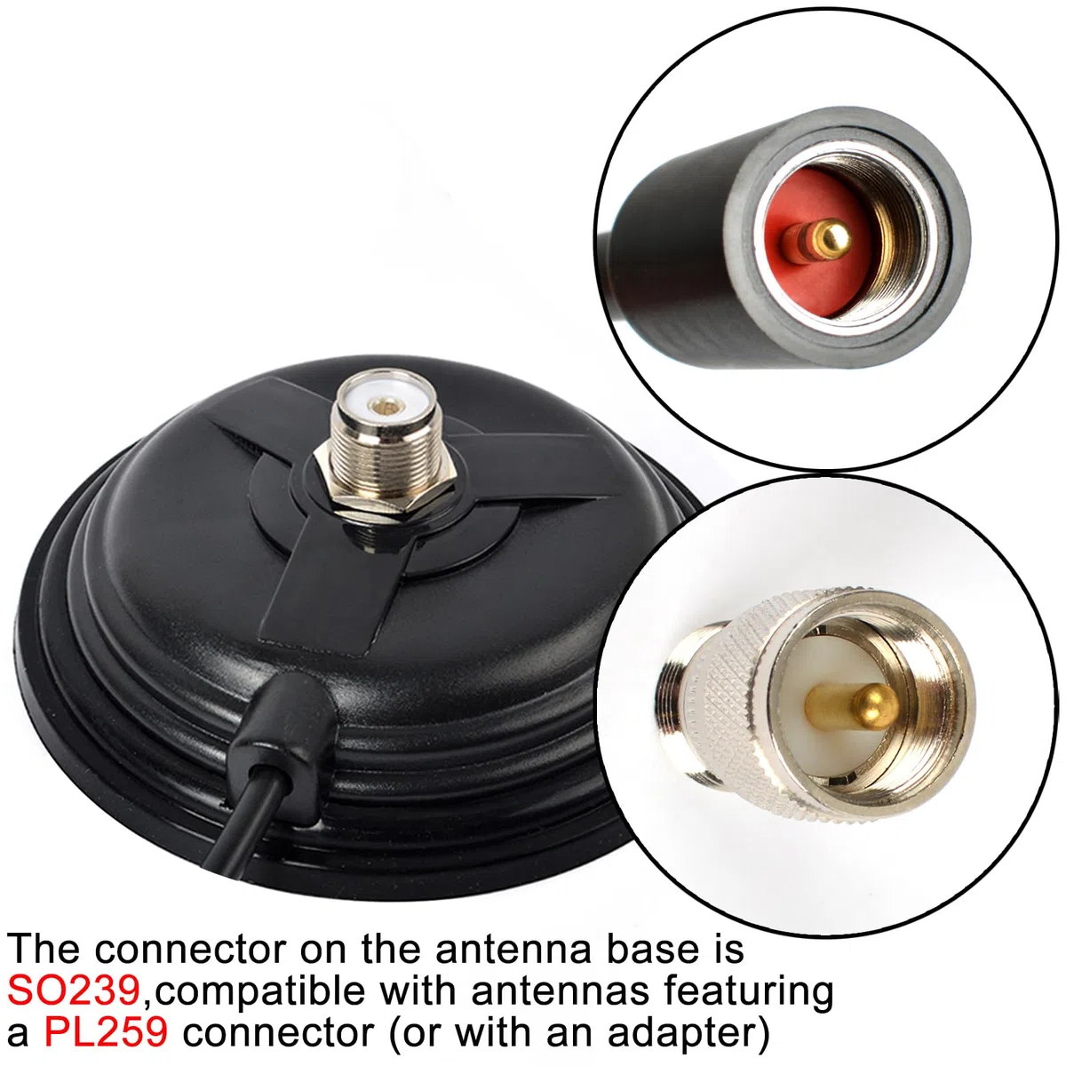 Base Montaje Magnética para Antena SO239 CB/VHF/UHF, con Cable Coaxial RG58 PL259 de 5 Metros/16,4 Pies, para Automóvil/Camión, Uso al Aire Libre y Marino