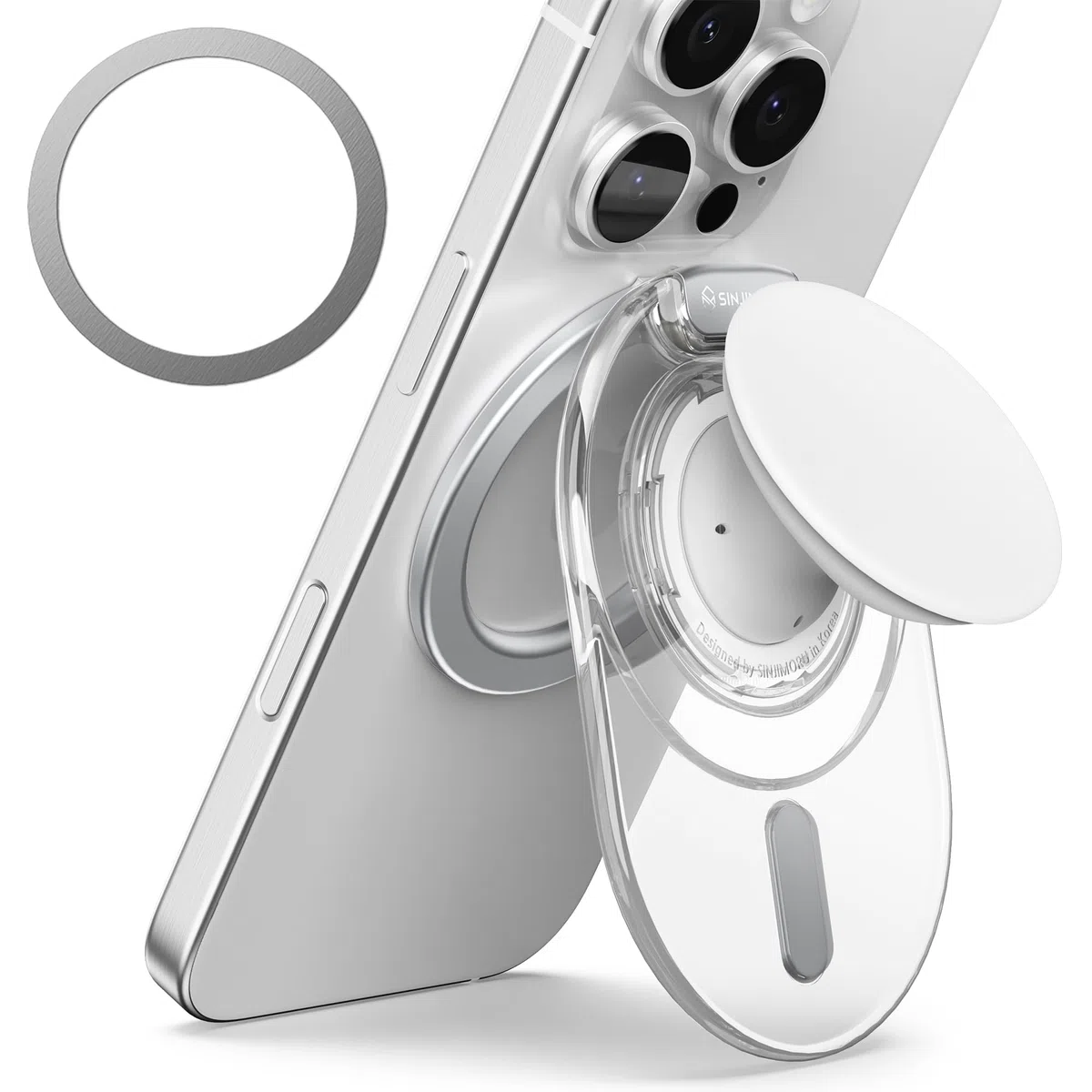 Sinjimoru Soporte de agarre para teléfono, compatible con MagSafe, anillo adaptador incluido, soporte de 3000 G para iPhone 17/16/15/14/13. Soporte M-Tap Tok blanco transparente