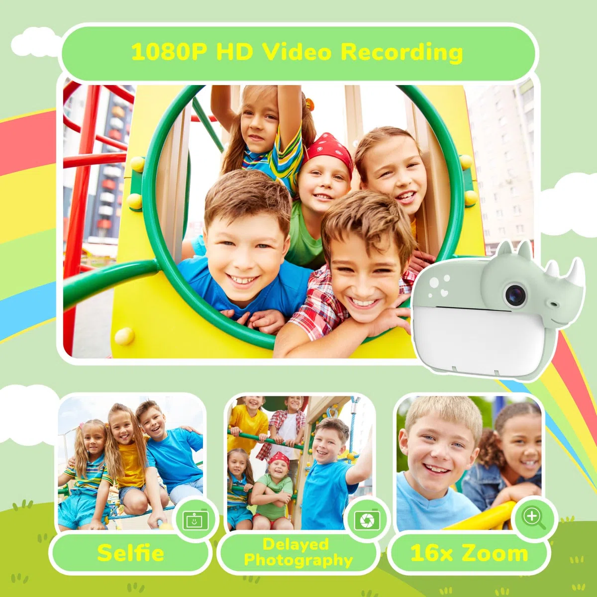 CAMCLID Camara Fotos Infantil Instantanea, Cámara de Fotos Instantáneas para Niños con Tarjeta de 32G y Accesorios de Cámaras, 12MP/1080P HD Cámara Digital, Regalos para Niños y Niñas (Verde)
