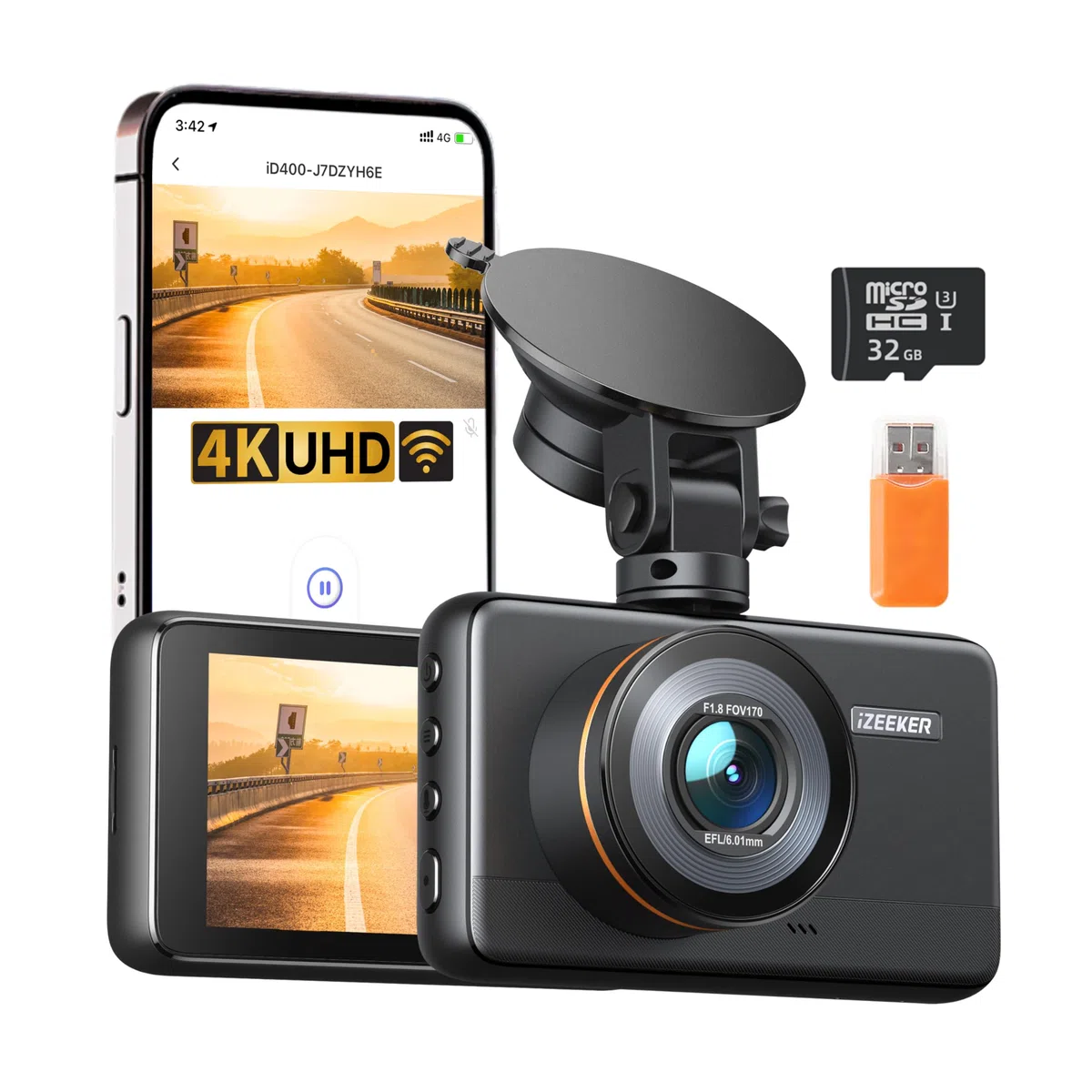 iZEEKER Dashcam 4K, WiFi Cámara de Salpicadero 2160P para Coches, Dash CAM Coche con App, Visión Nocturna, WDR, Grabación en Bucle, Monitor de Aparcamiento, Sensor G, Tarjeta MicroSD de 32 GB