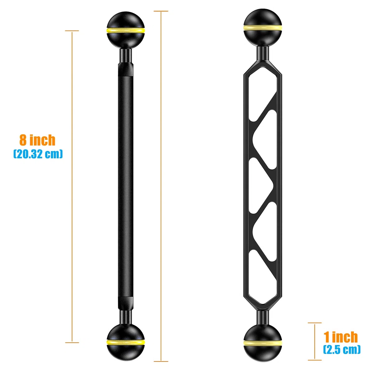 Sea frogs 2 brazos esféricos de aluminio de doble bola de con cabezas de 1 pulgada para conectar luces estroboscópicas o de vídeo a la carcasa subacuática de la cámara (2 brazos 8 pulgadas (20,32 cm))
