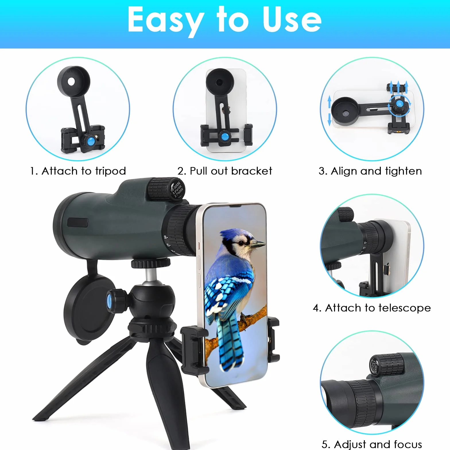 Monocular 10-30x50 HD Zoom, Czemo Largo Alcance Impermeable y Antivaho com Prisma BAK-4 y Soporte Teléfono y Trípode para Observación de Aves Caza