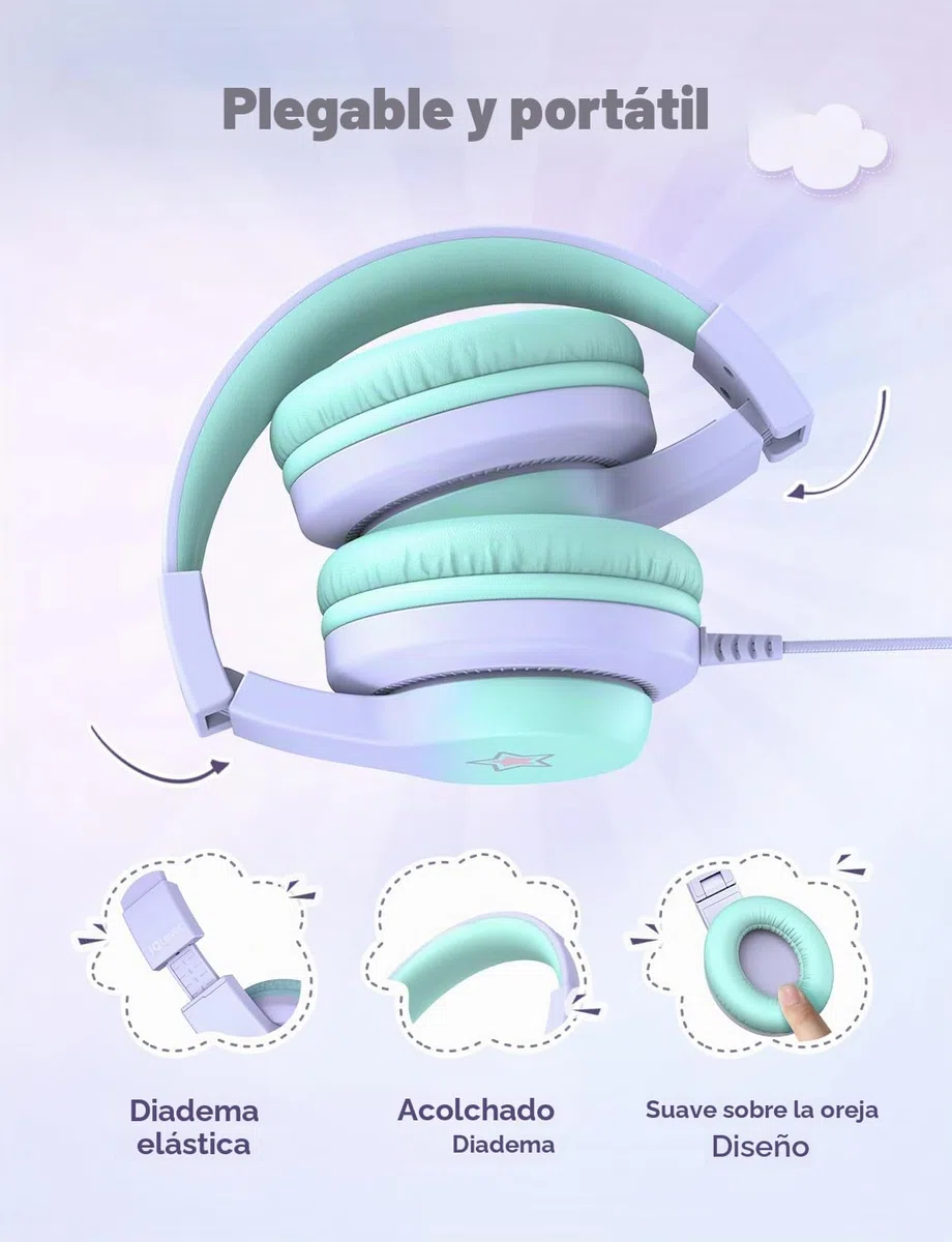 iClever HS19S - Auriculares con Cable Plegable para niños con micrófono, limitador de Volumen 85/94 dB - Shareport - Auriculares estéreo para niños y niñas, Auriculares con Cable con Enchufe