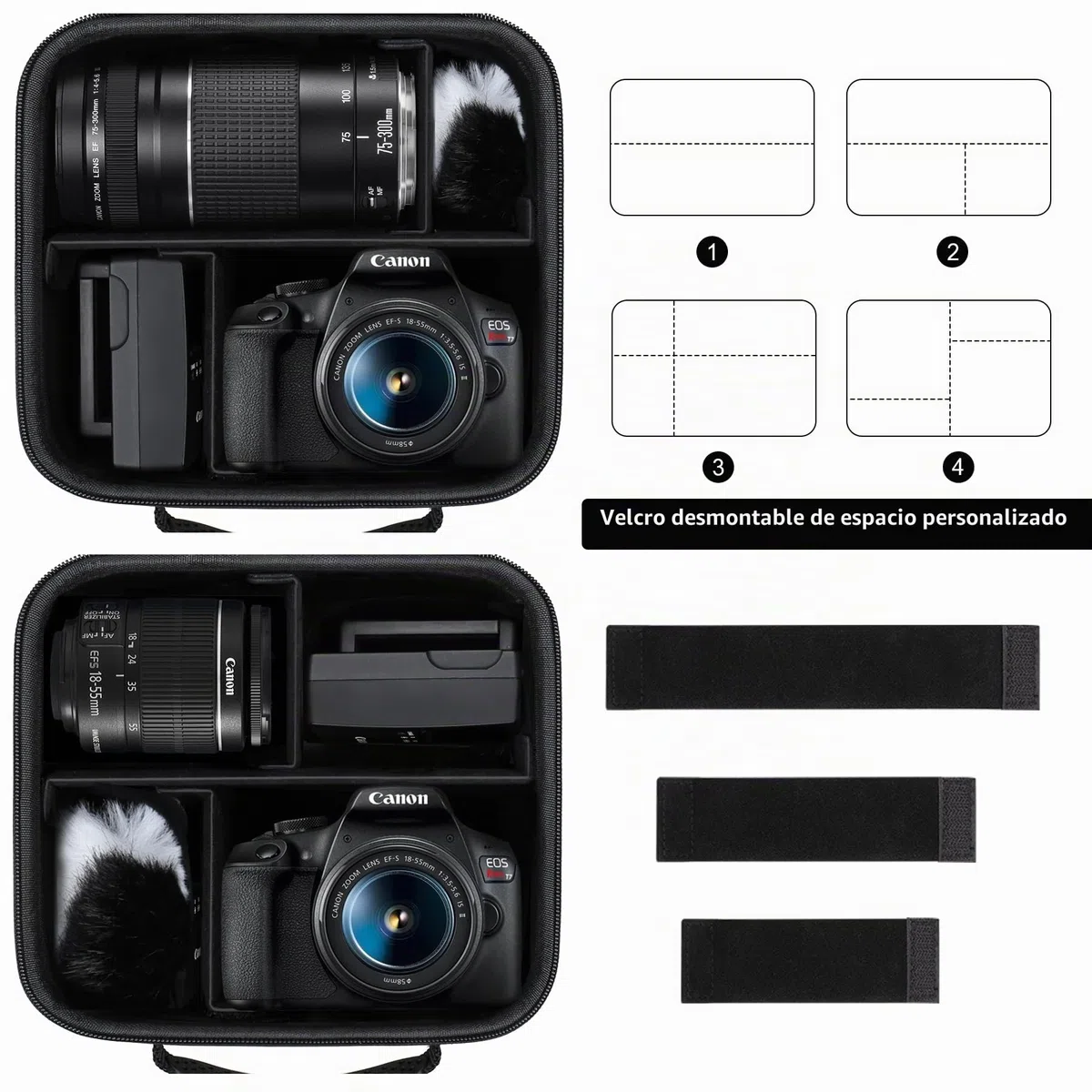 Funda de Viaje Dura para cámara DSLR Canon EOS Rebel T7 / EOS R50 / R6 Mark II / R100 / R50V / R8 / R7 / R10 sin Espejo, Lente, trípode con 3 Piezas de divisores y Correa de Hombro, Negro