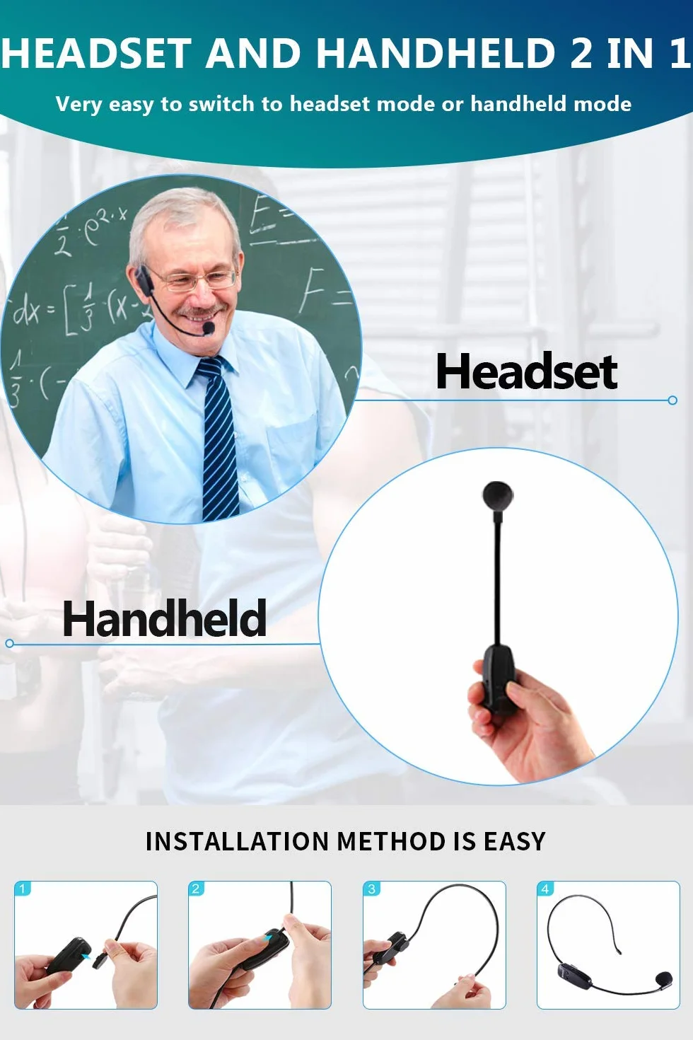 Micrófono inalámbrico Diadema USB Micrófono inalámbrico UHF Oreja de Mano 2-en-1 Amplificador de Voz portatil para Conferencias, Clases, Guía Turístico, Profesores
