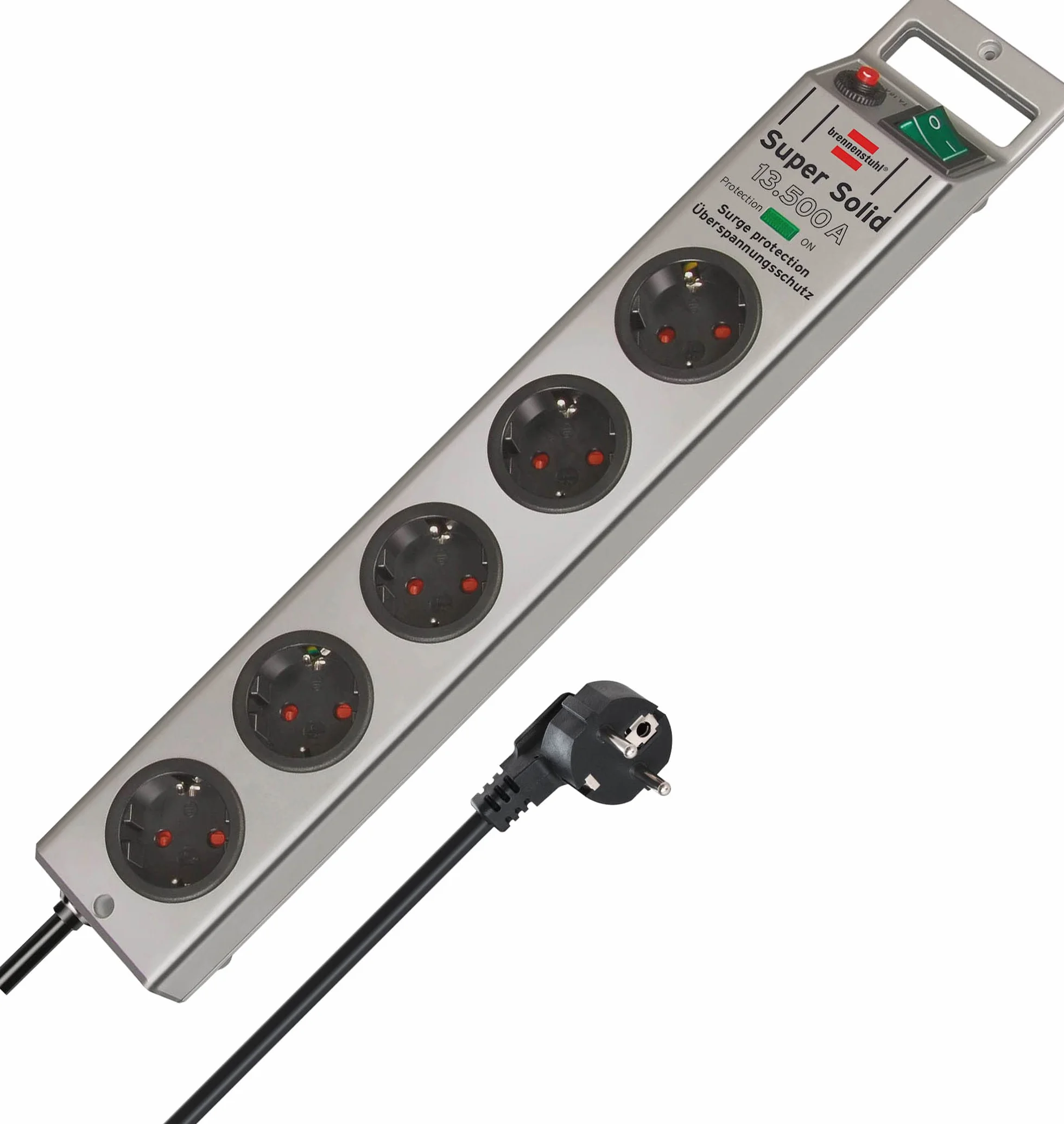 Brennenstuhl Super-Solid regleta de 5 enchufes con protección contra sobretensiones (regleta eléctrica con Cable de 2,5m e Interruptor - de policarbonato Resistente a la Rotura) Plata