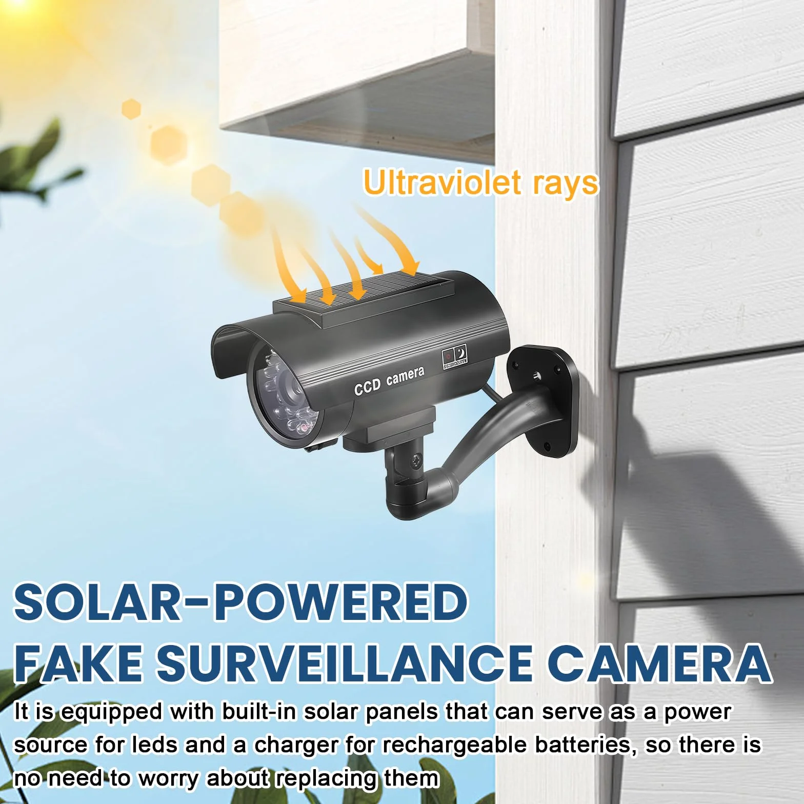 Sporgo 2 piezas de cámara falsa exterior: Cámara solar falsa de vigilancia con luz LED roja intermitente, cámara falsa de vigilancia falsa para interior y exterior (Negro A)