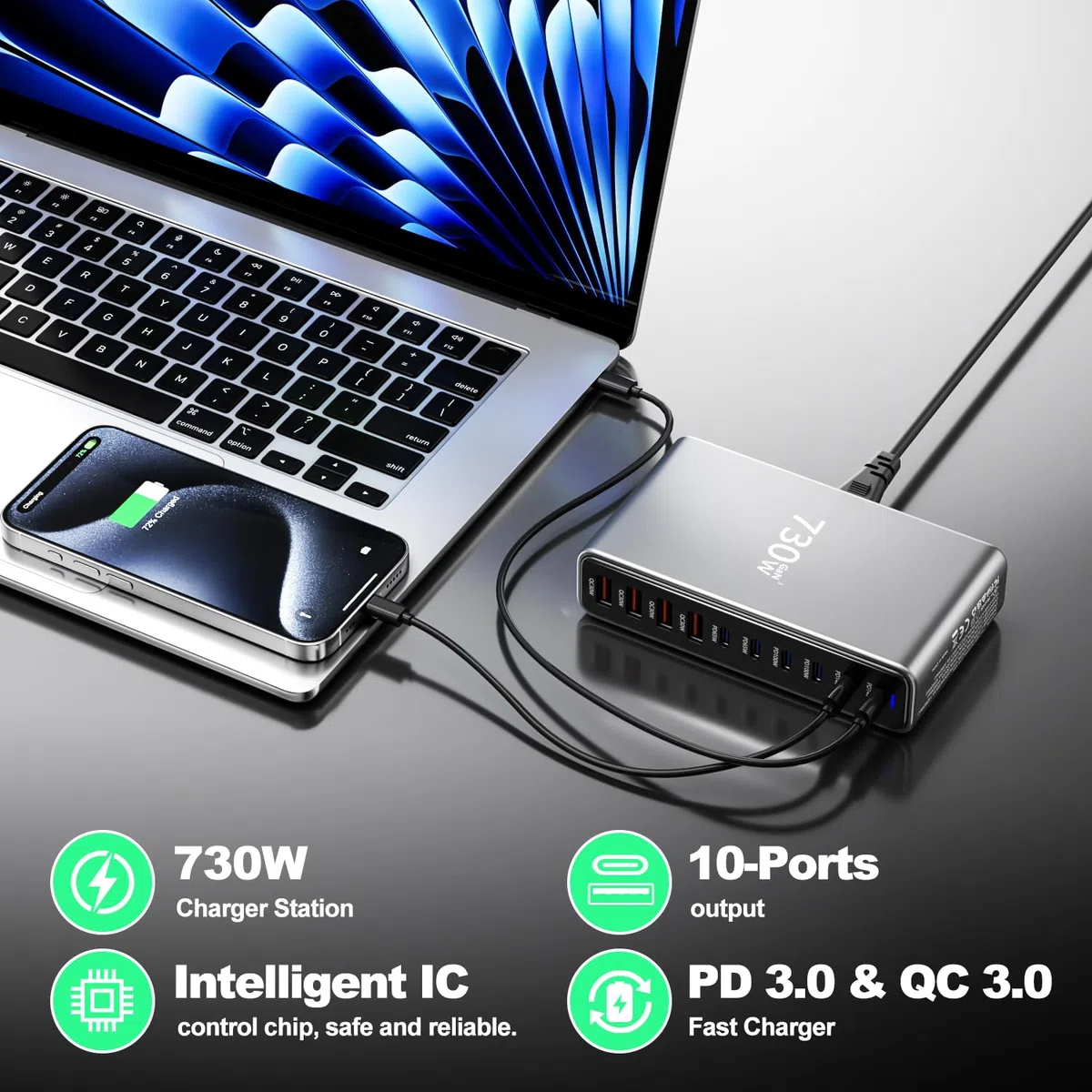 Cargador USB C 730W, Estación de Carga 10 Puertos, Cargador Rápido Adaptador Sector para Ordenador portátil 140W, Alimentación PD, Compatible con iPhone/Samsung/Google/Laptop/MacBook Pro/Air/DELL
